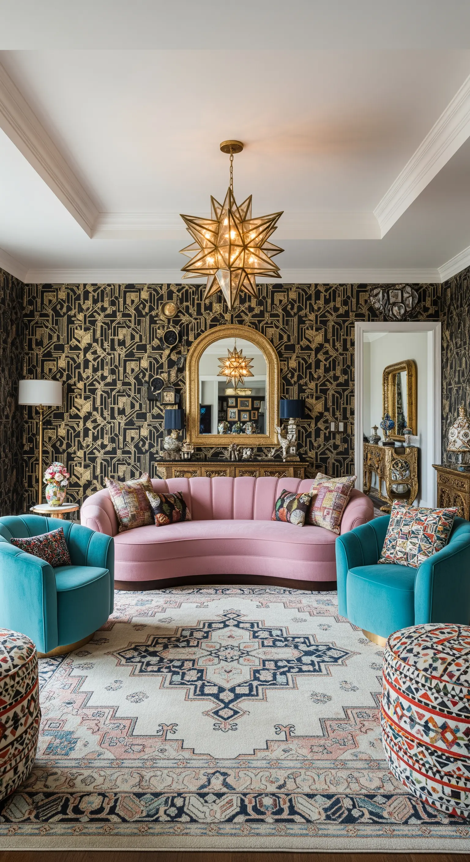 Art Deco Wohnzimmer mit schwarz-goldener Tapete und rosa Sofa