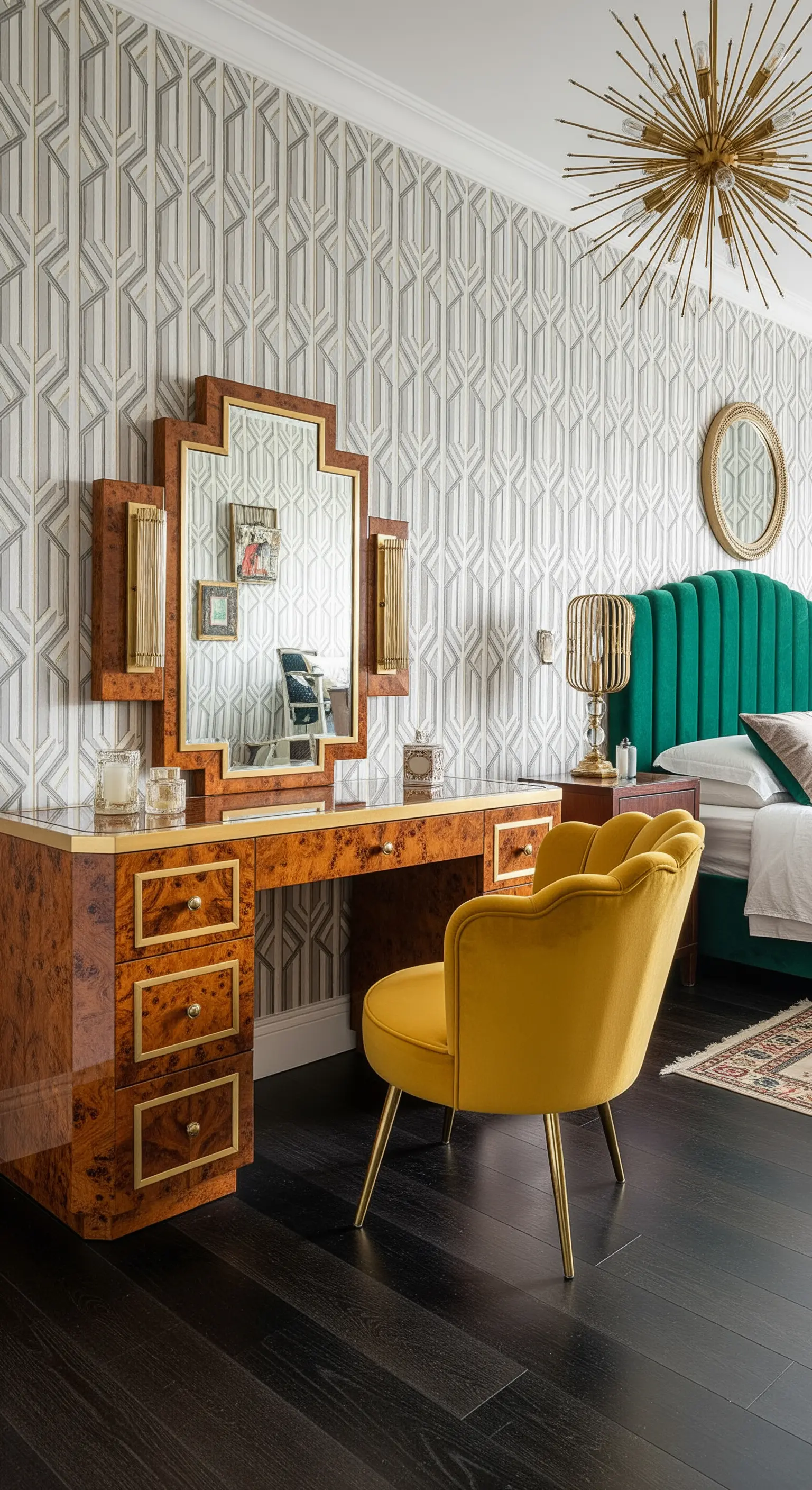 Art-Déco Schminktisch aus Wurzelholz mit gelbem Sessel