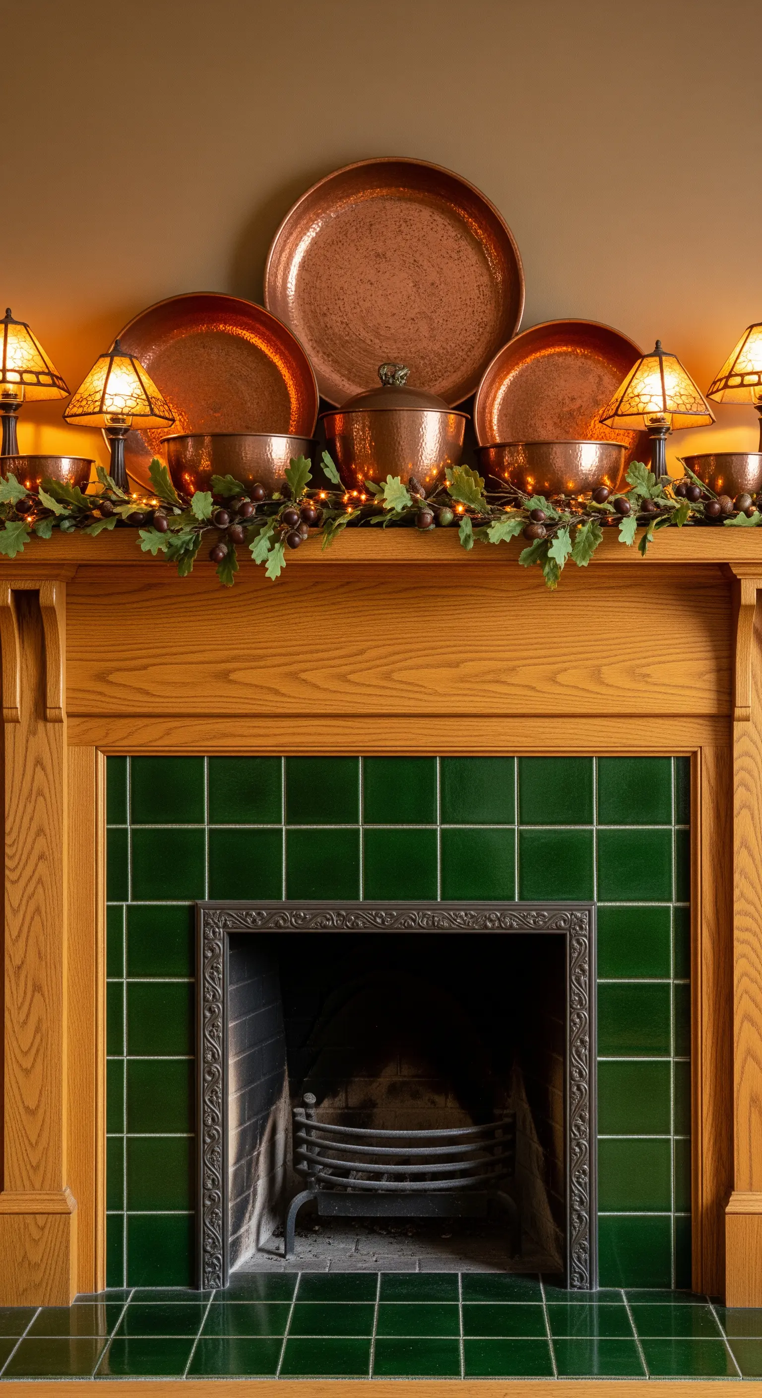 Grün gefliester Kamin mit Kupfertellern und Eichenlaub