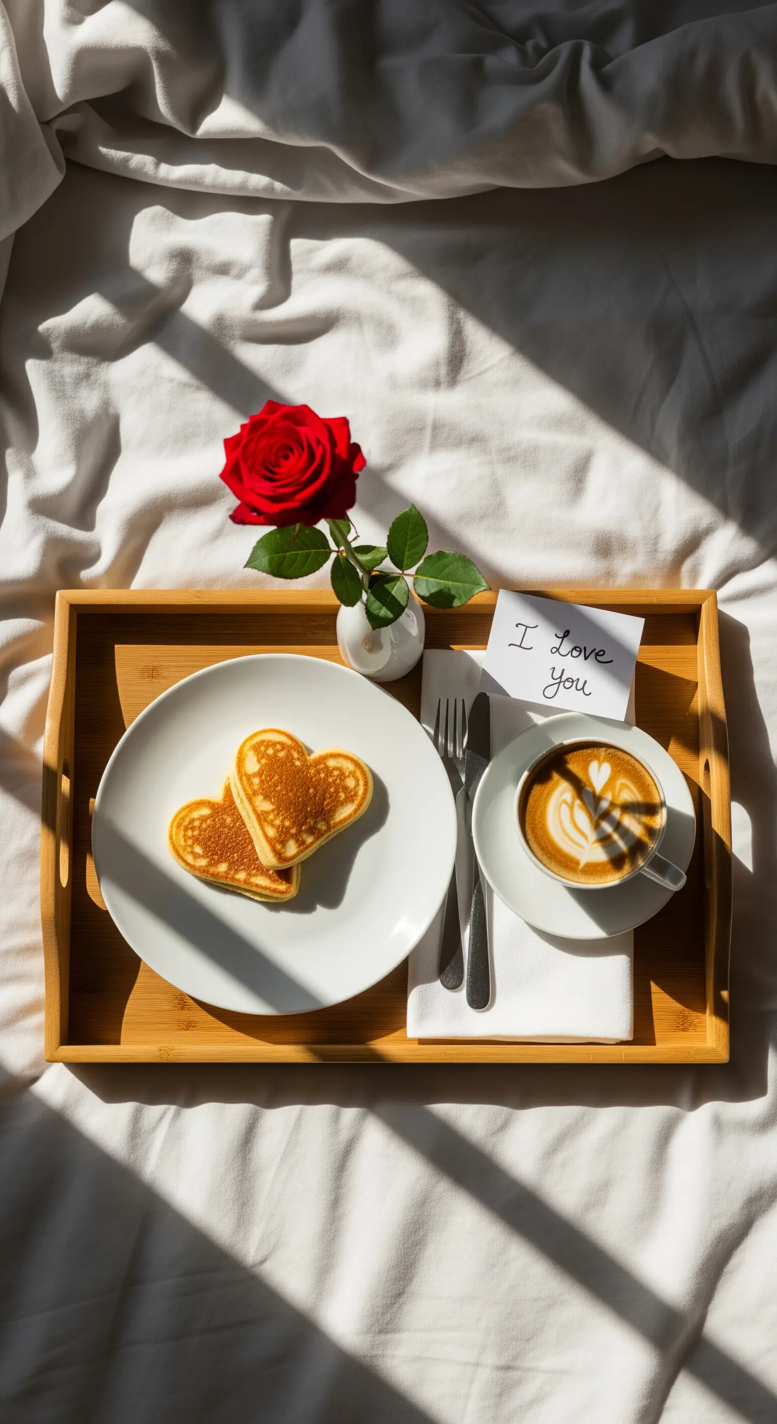 Frühstückstablett im Bett mit Herzpfannkuchen und Rose