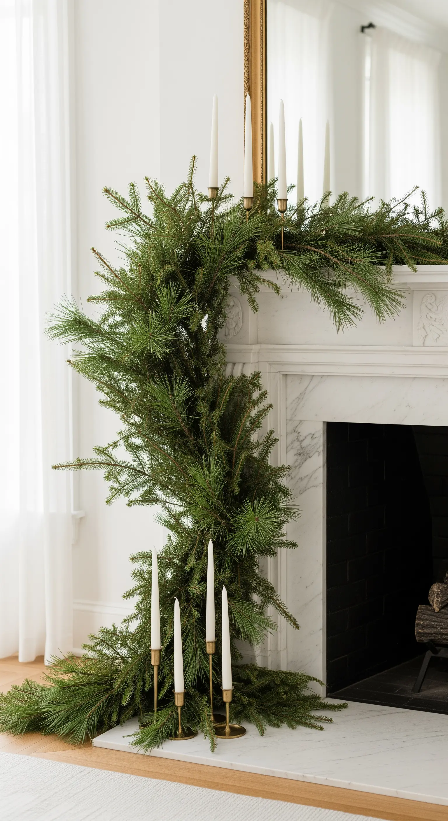 Asymmetrische Kamingirlande mit Kerzenhaltern