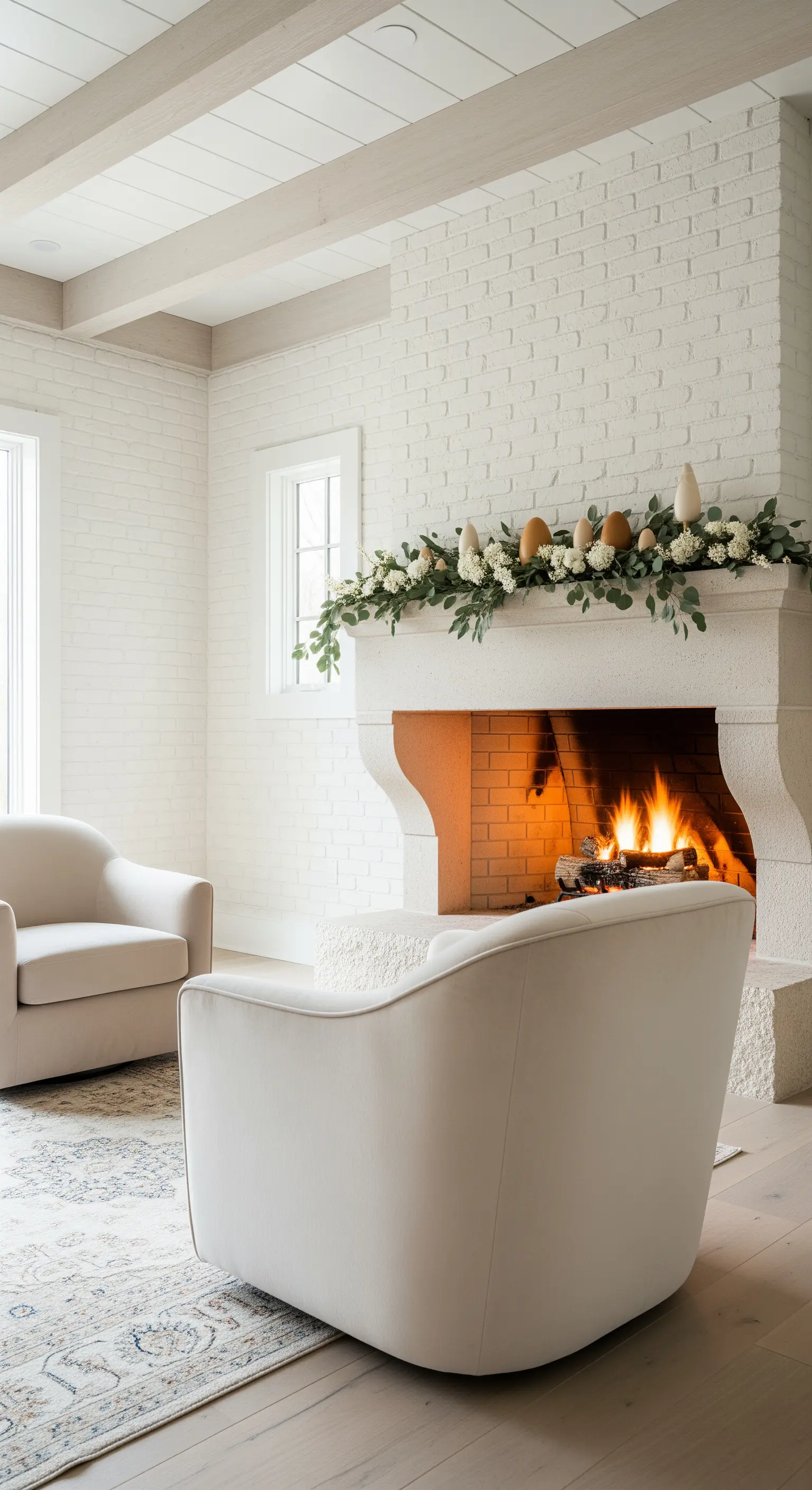 Kamin mit Eukalyptus-Girlande und Holzeiern