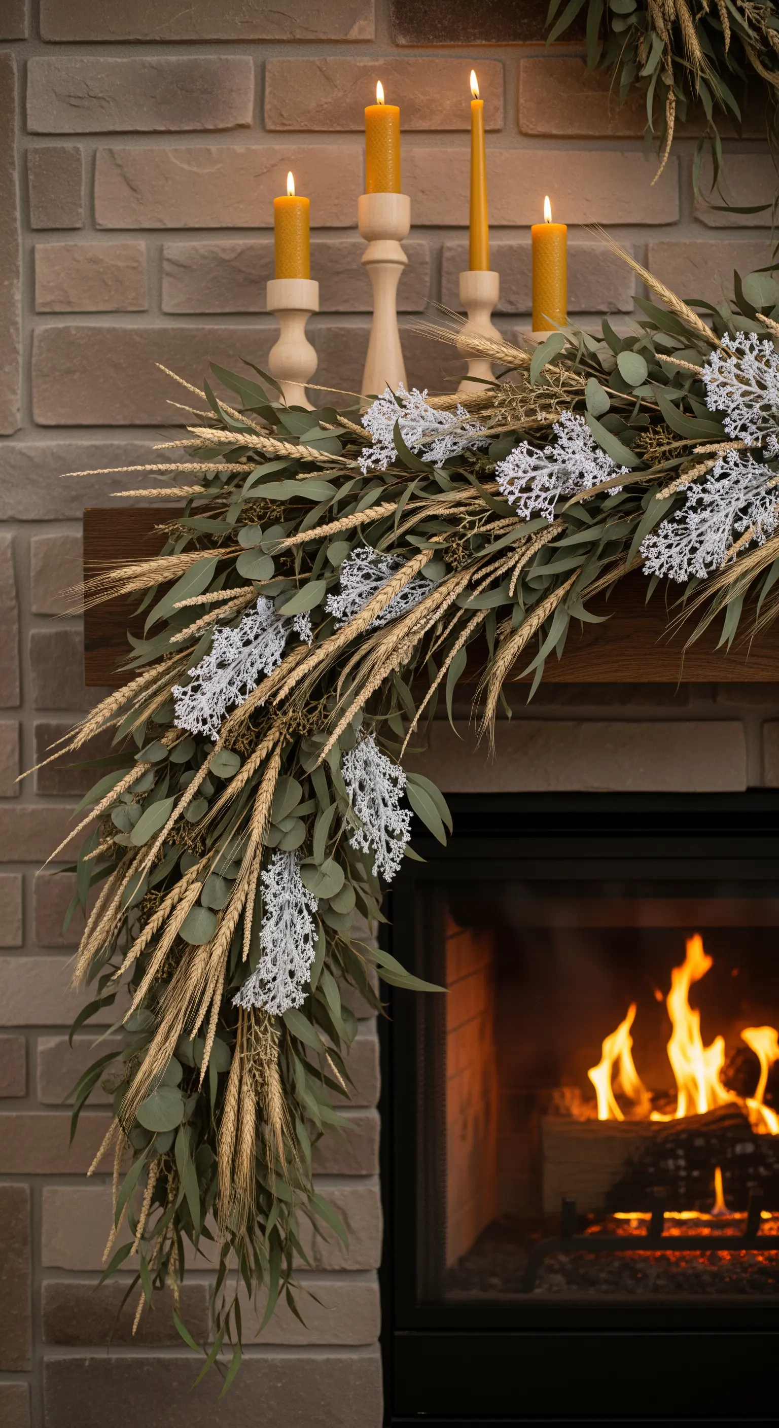 Asymmetrische Trockenblumengirlande auf Kamin mit Bienenwachskerzen