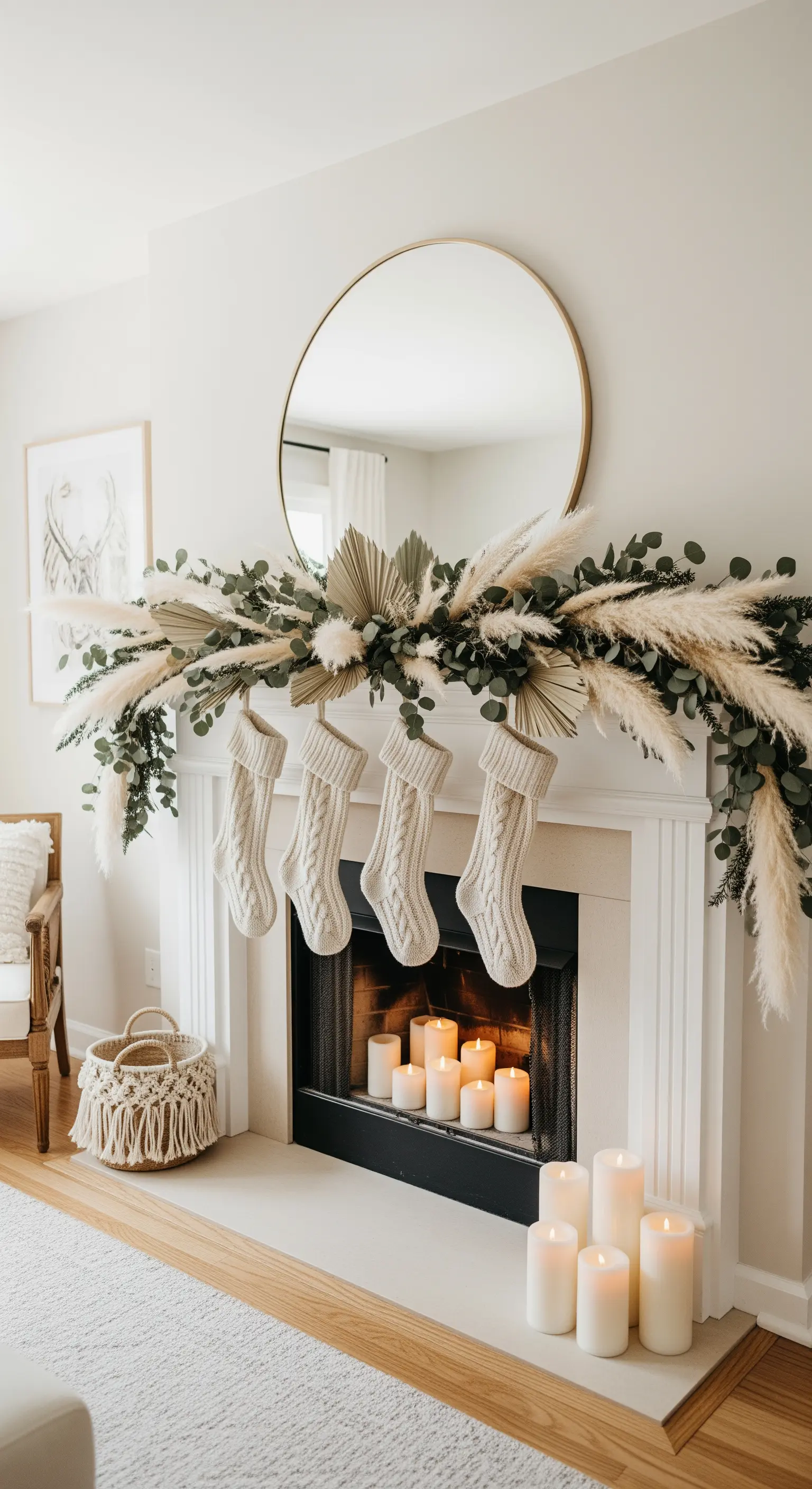 Asymmetrische Girlande aus Eukalyptus und Trockenblumen am Kamin mit Strickstrümpfen