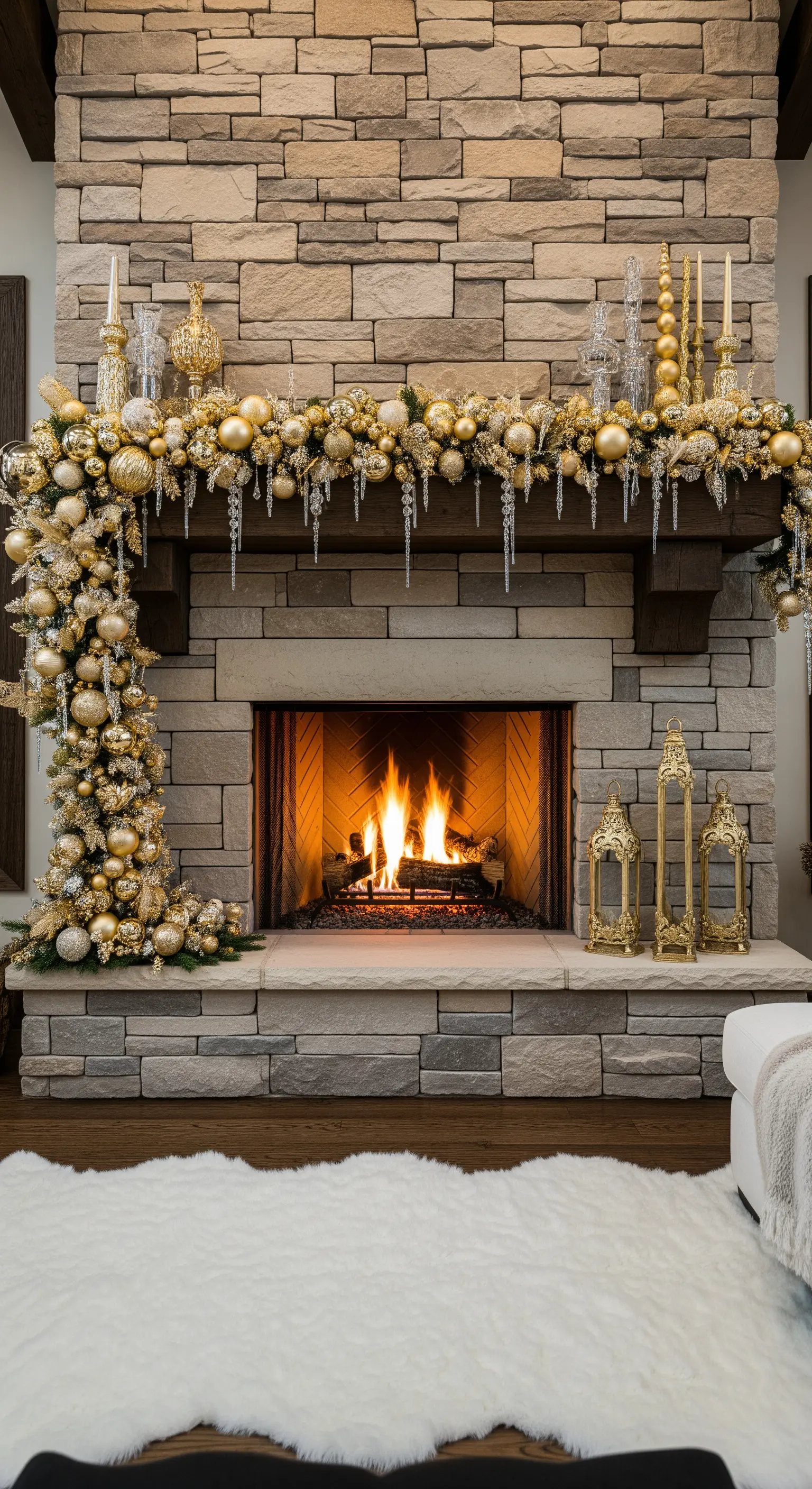 Stein-Kamin mit asymmetrischer, bodenlanger Girlande voller goldener Kugeln und Eiszapfen.