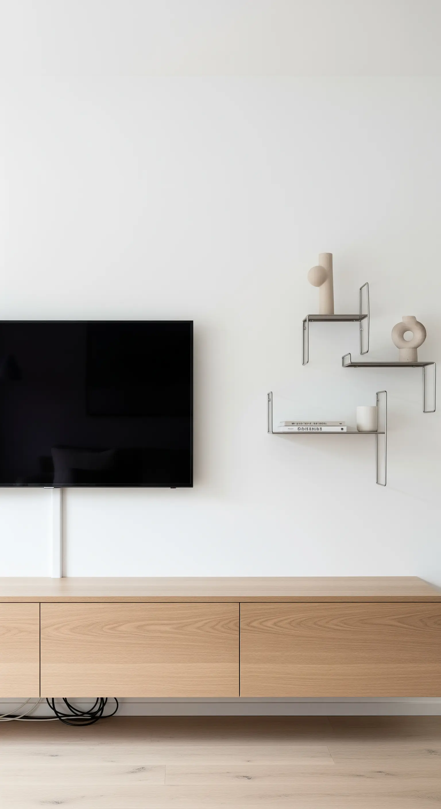 TV mit seitlichen filigranen Metallregalen