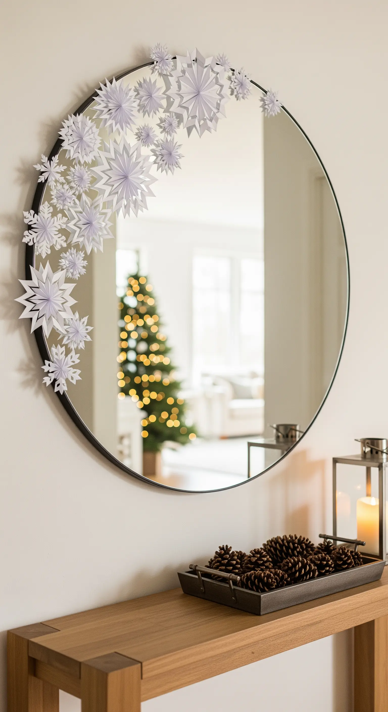Runder Wandspiegel, an dessen linkem Rand weiße Papier-Schneeflocken asymmetrisch angebracht sind.