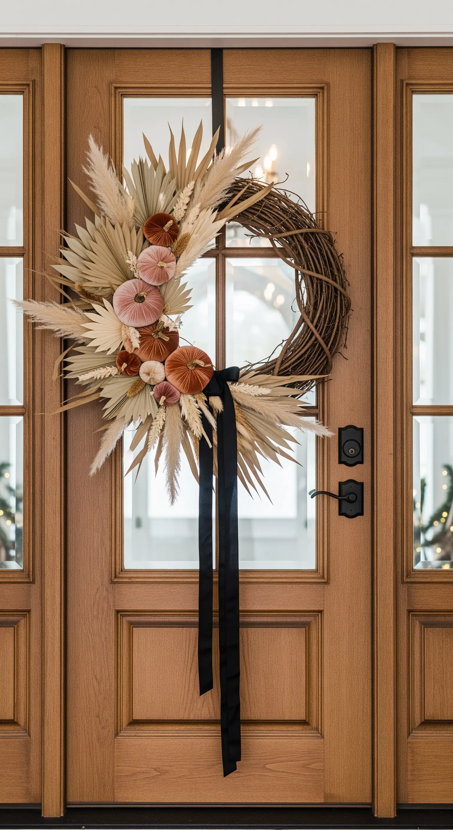 Türkranz mit Trockenblumen und Samtkürbissen