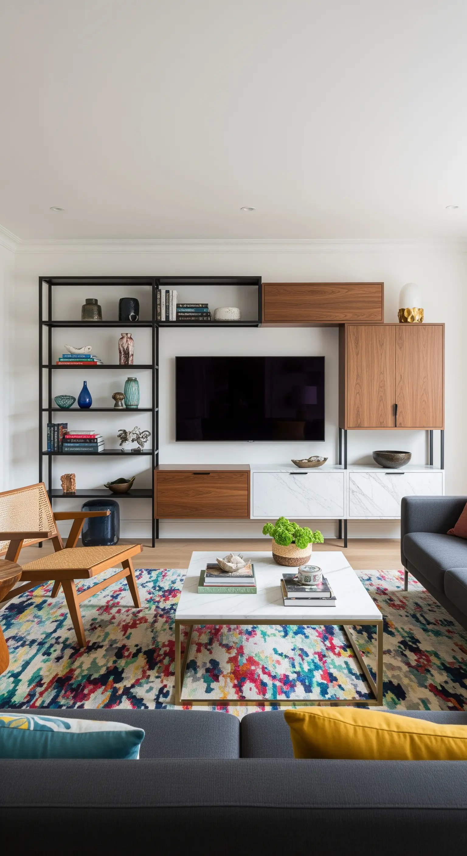 Asymmetrisches schwarzes Metallregal mit Holzfächern