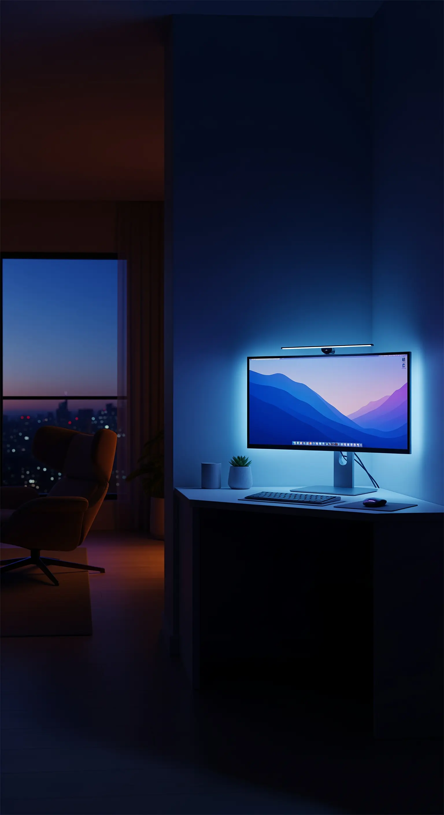 Arbeitsplatz bei Nacht mit blauer LED-Hintergrundbeleuchtung