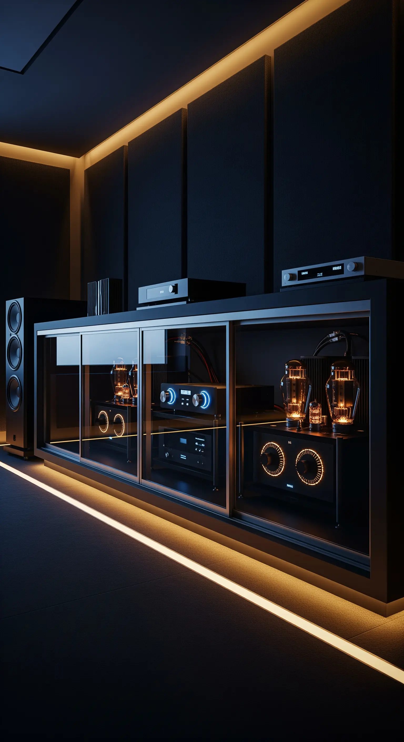 Lowboard-Vitrine mit High-End Röhrenverstärkern und blauer Beleuchtung im Hörraum