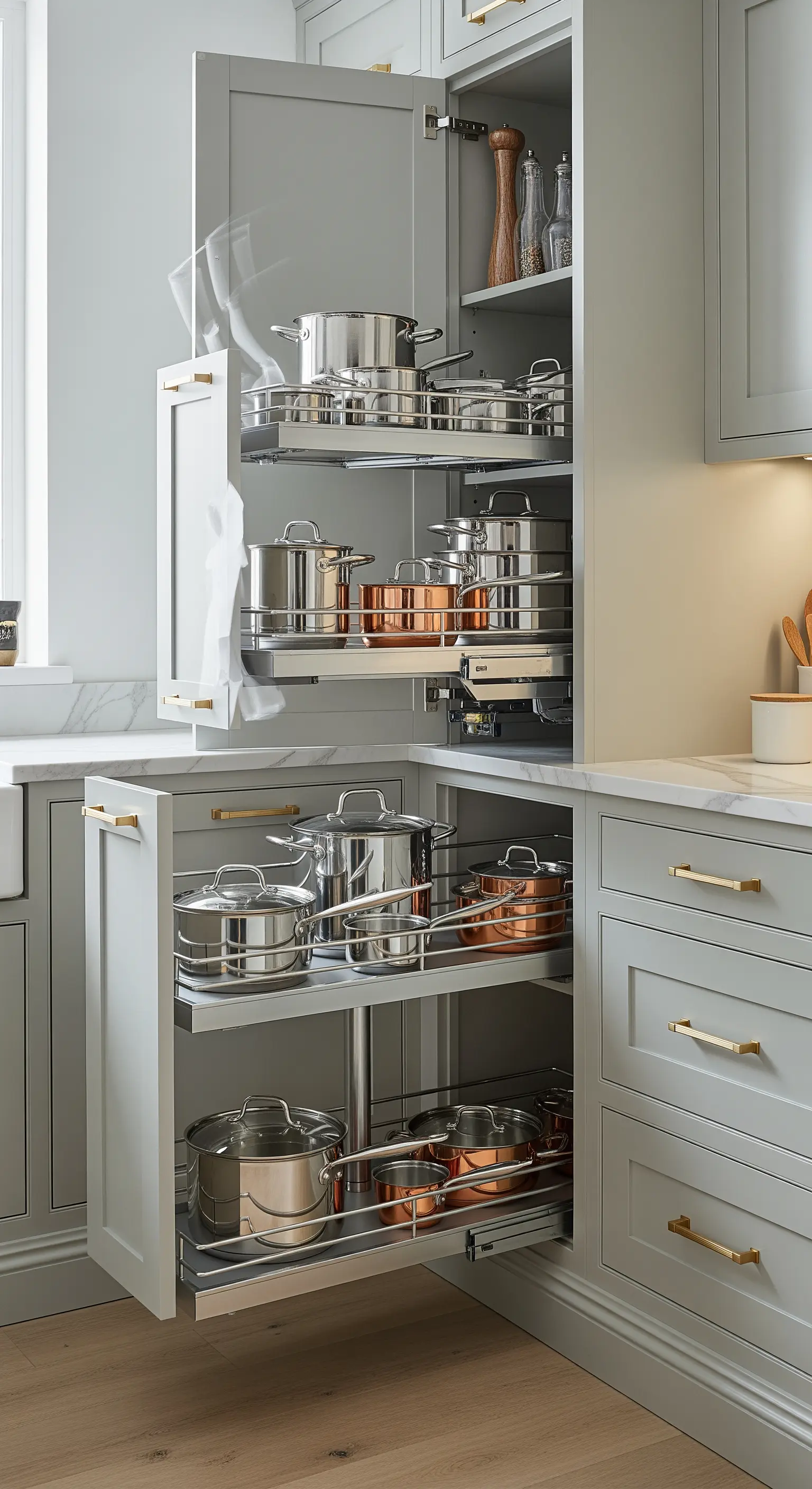 Geöffneter Eckschrank mit herausschwenkbaren Böden