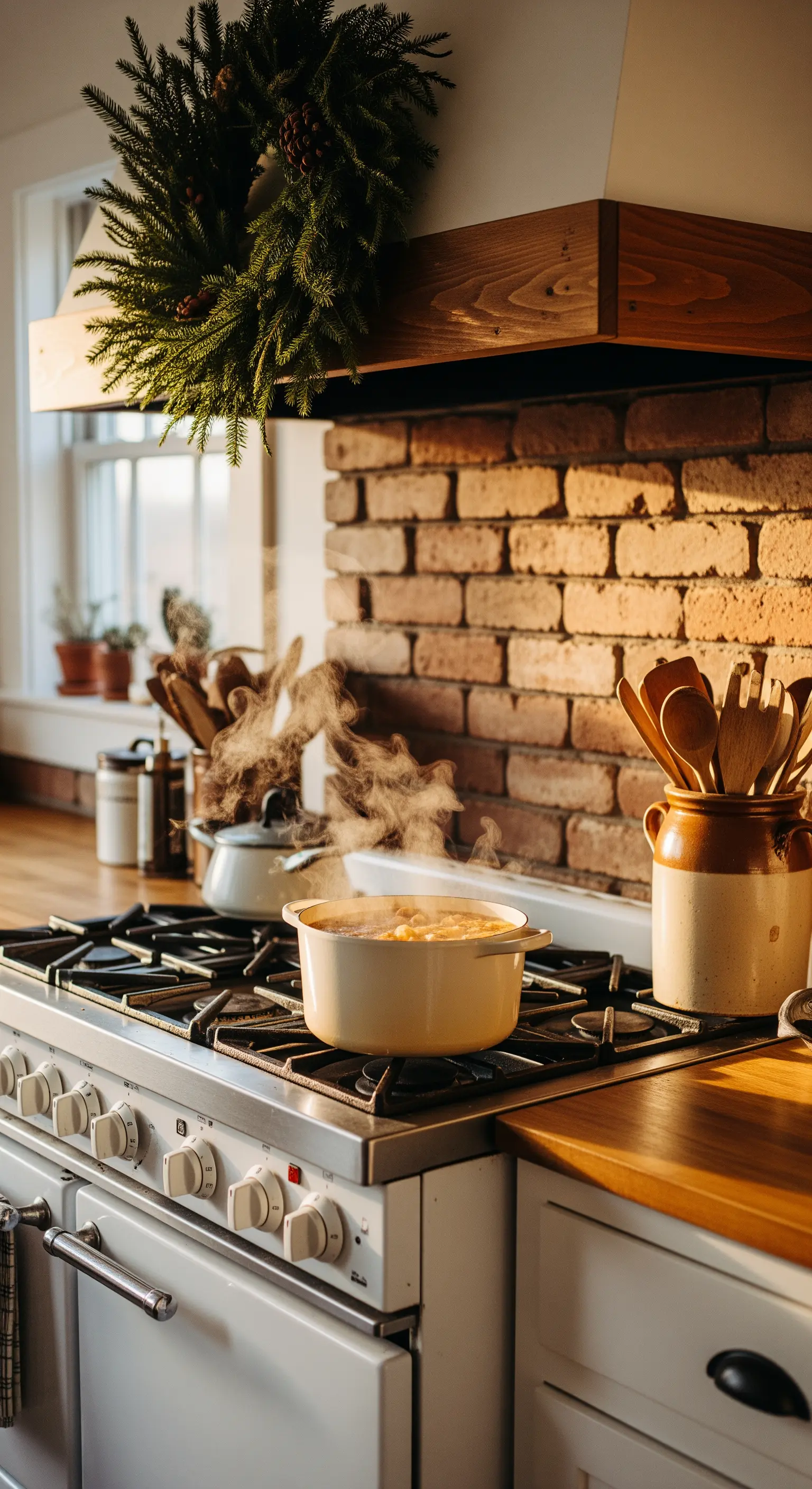 Dampfender Topf auf Herd in Backsteinküche