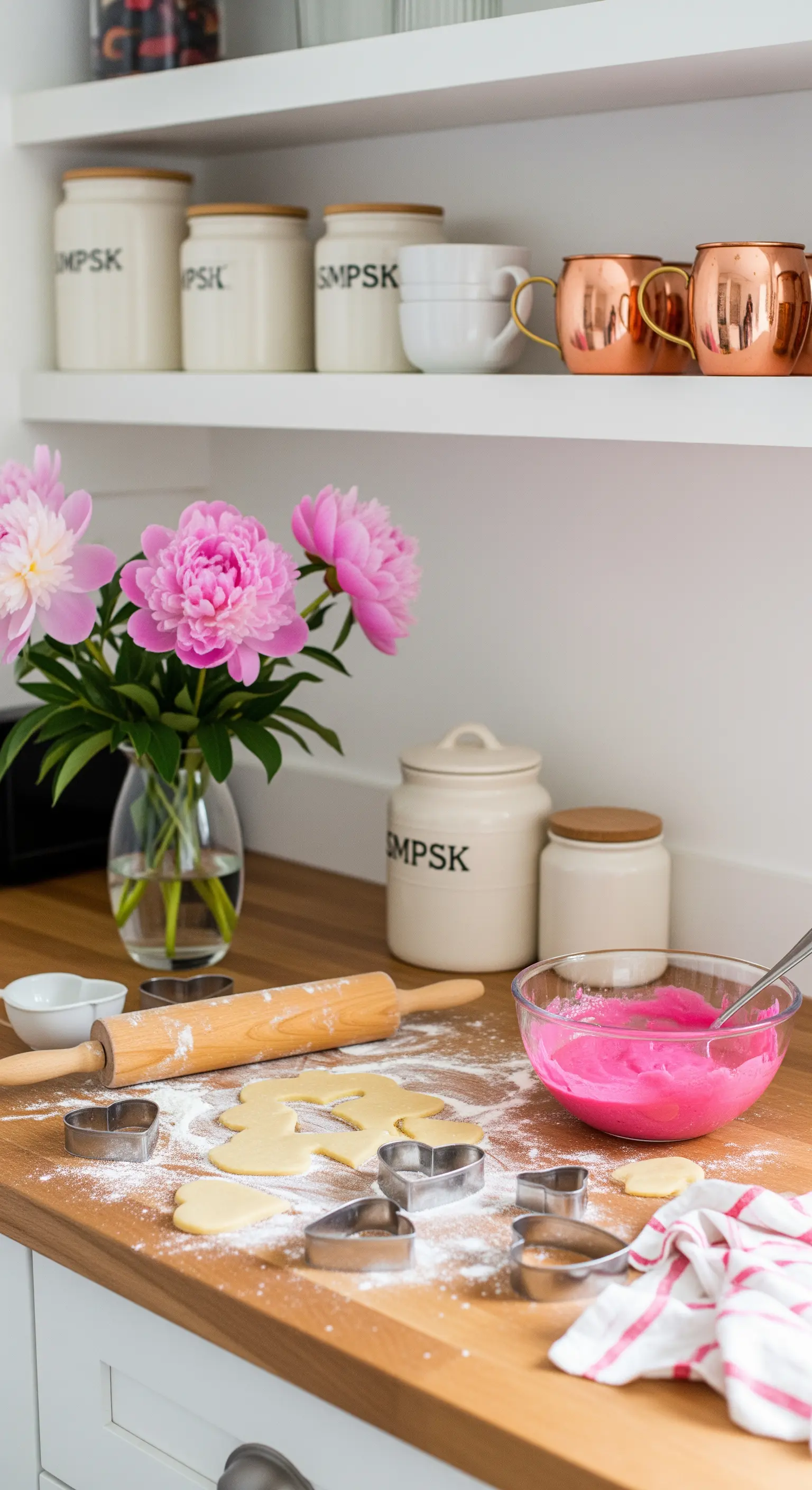 Küchenzeile mit rosa Blumen, Backzutaten und Kupferbechern