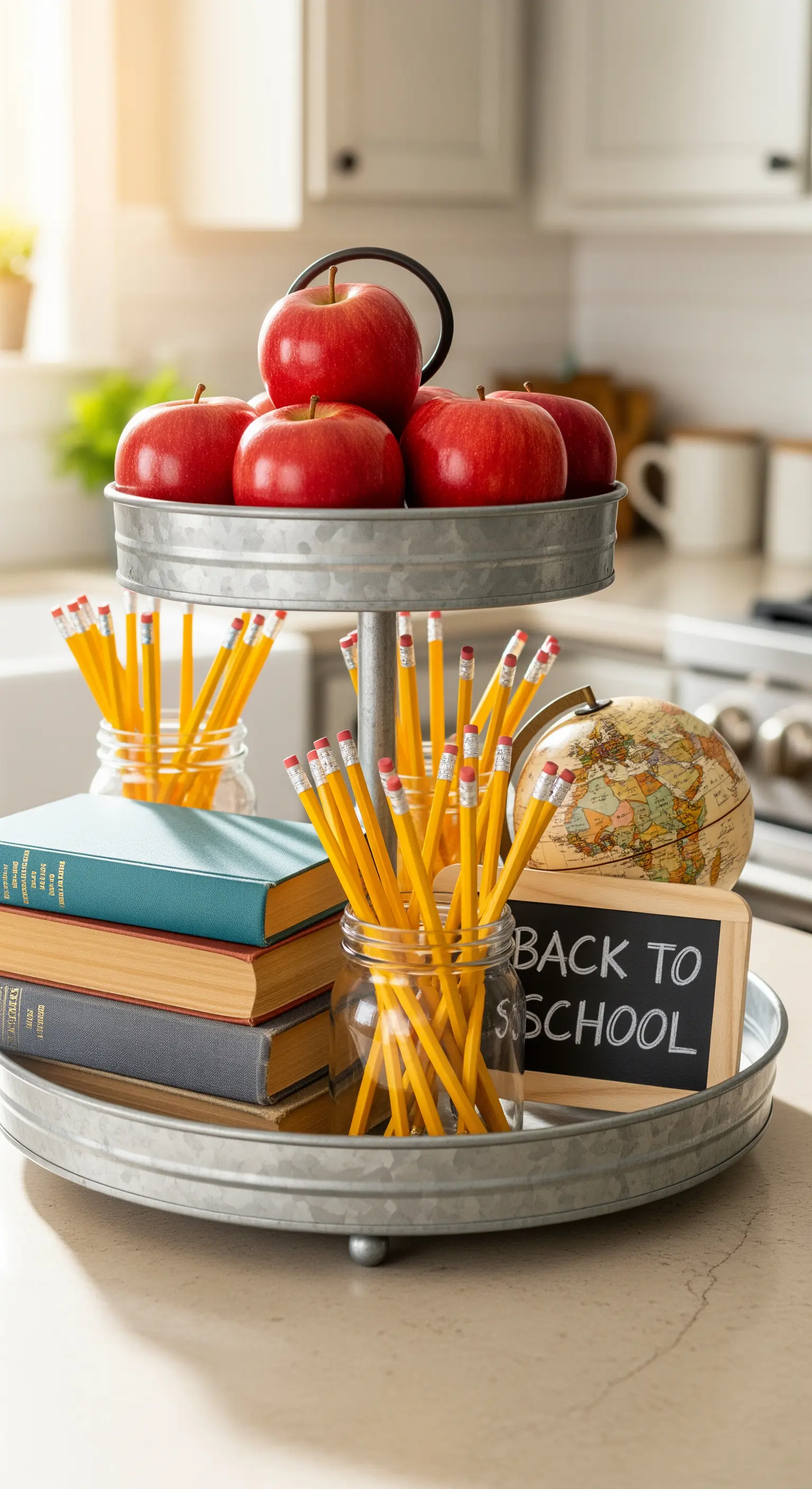 Verzinkte Etagere mit Äpfeln, Büchern, Stiften und Globus