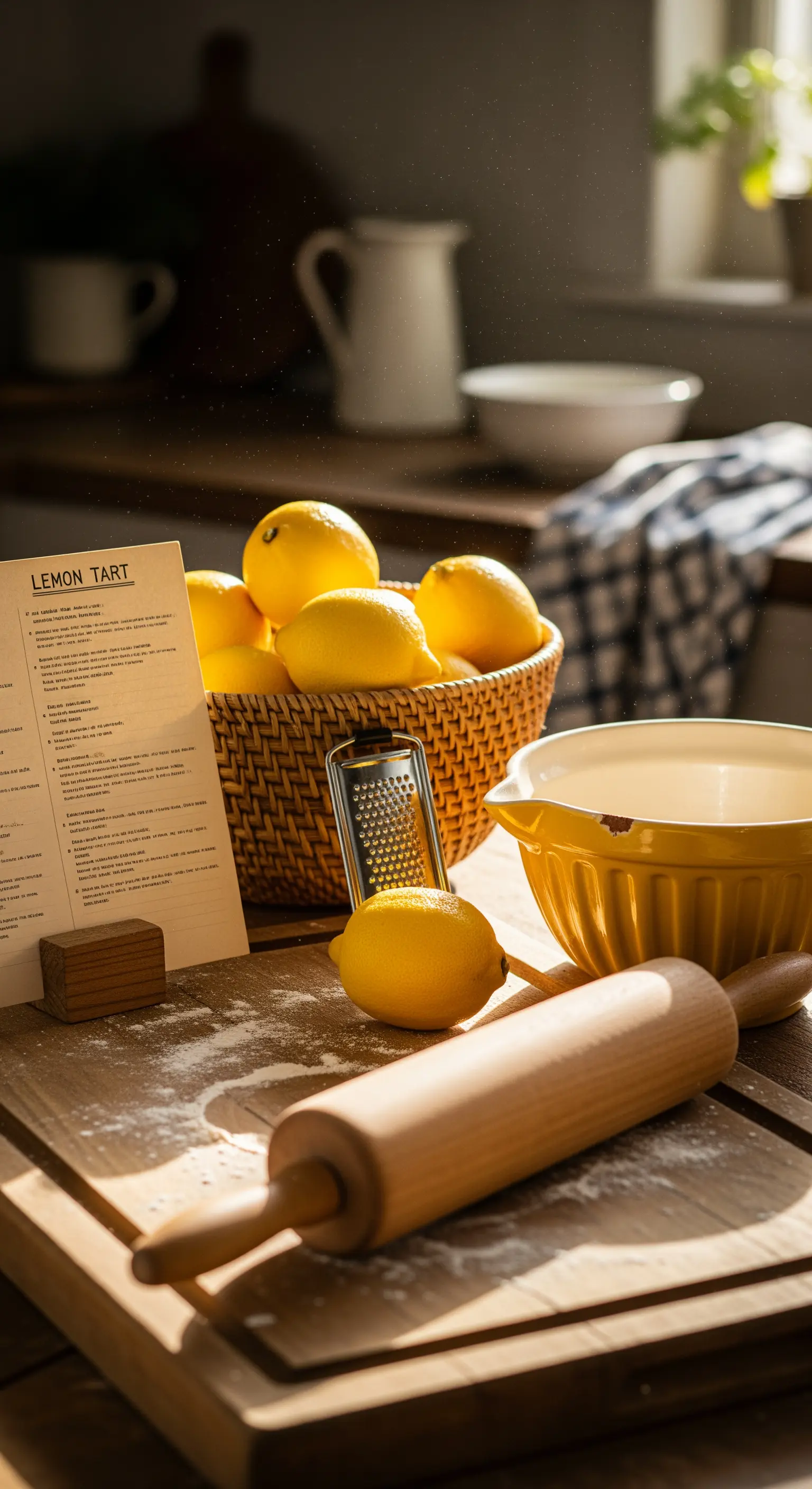 Backvorbereitung mit Zitronen, Reibe und Nudelholz