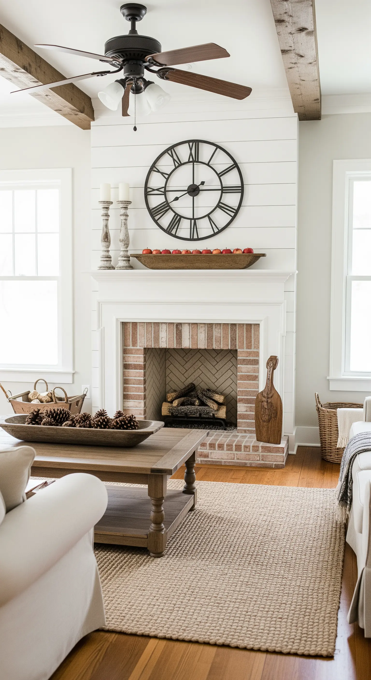 Backsteinkamin mit Holzschale voller Äpfel