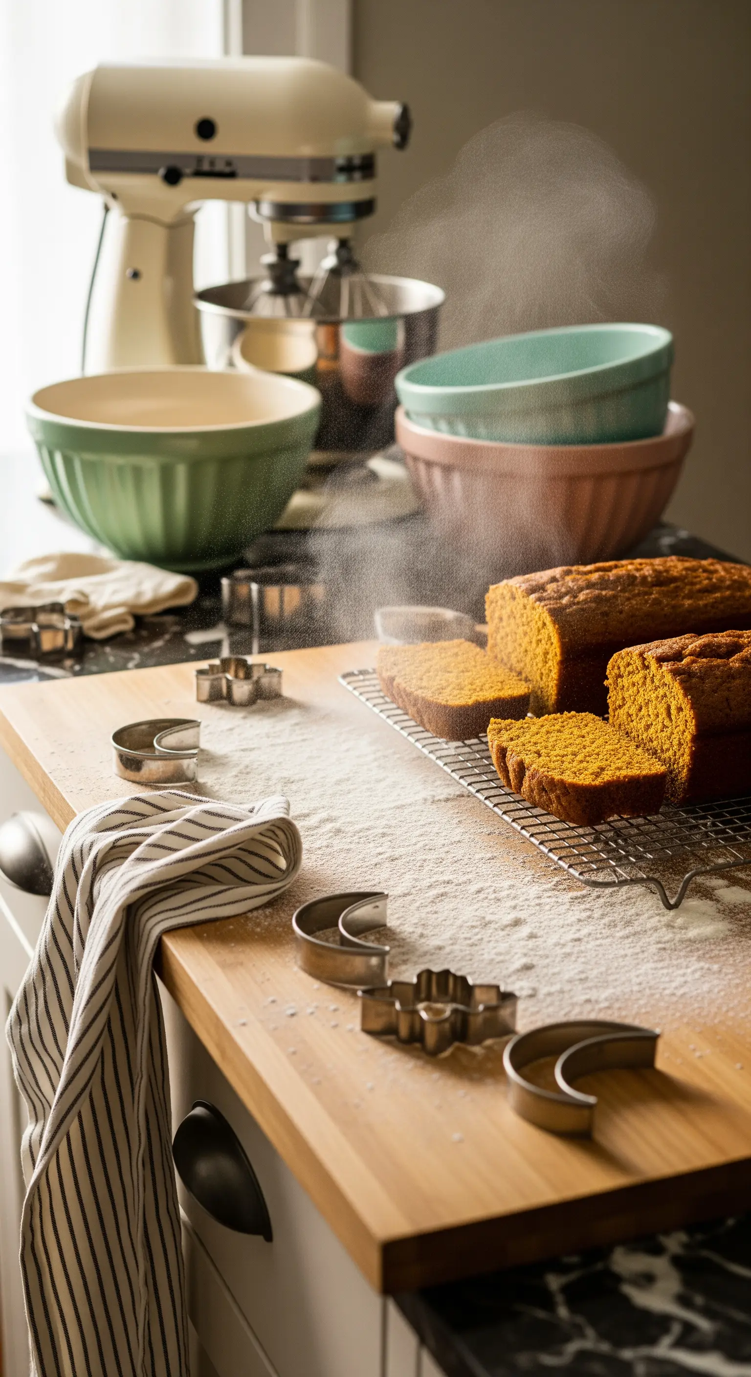 Kuchen auf Gitter mit Mehlstaub und Ausstechformen