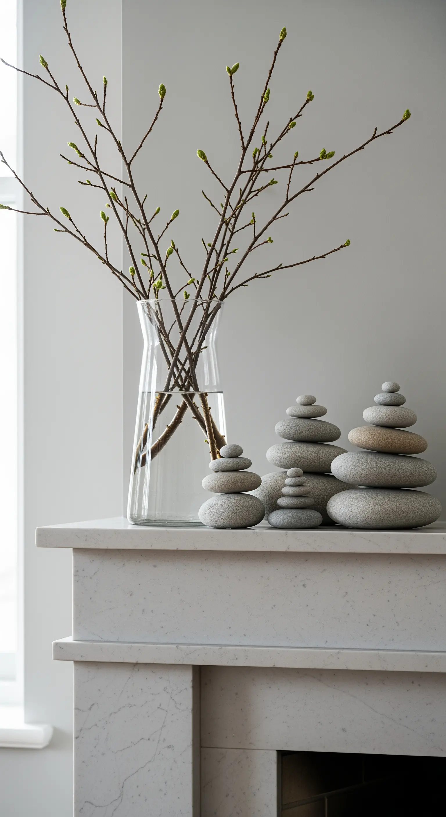 Gestapelte Zen-Steine und Zweige in Glasvase auf Marmorsims