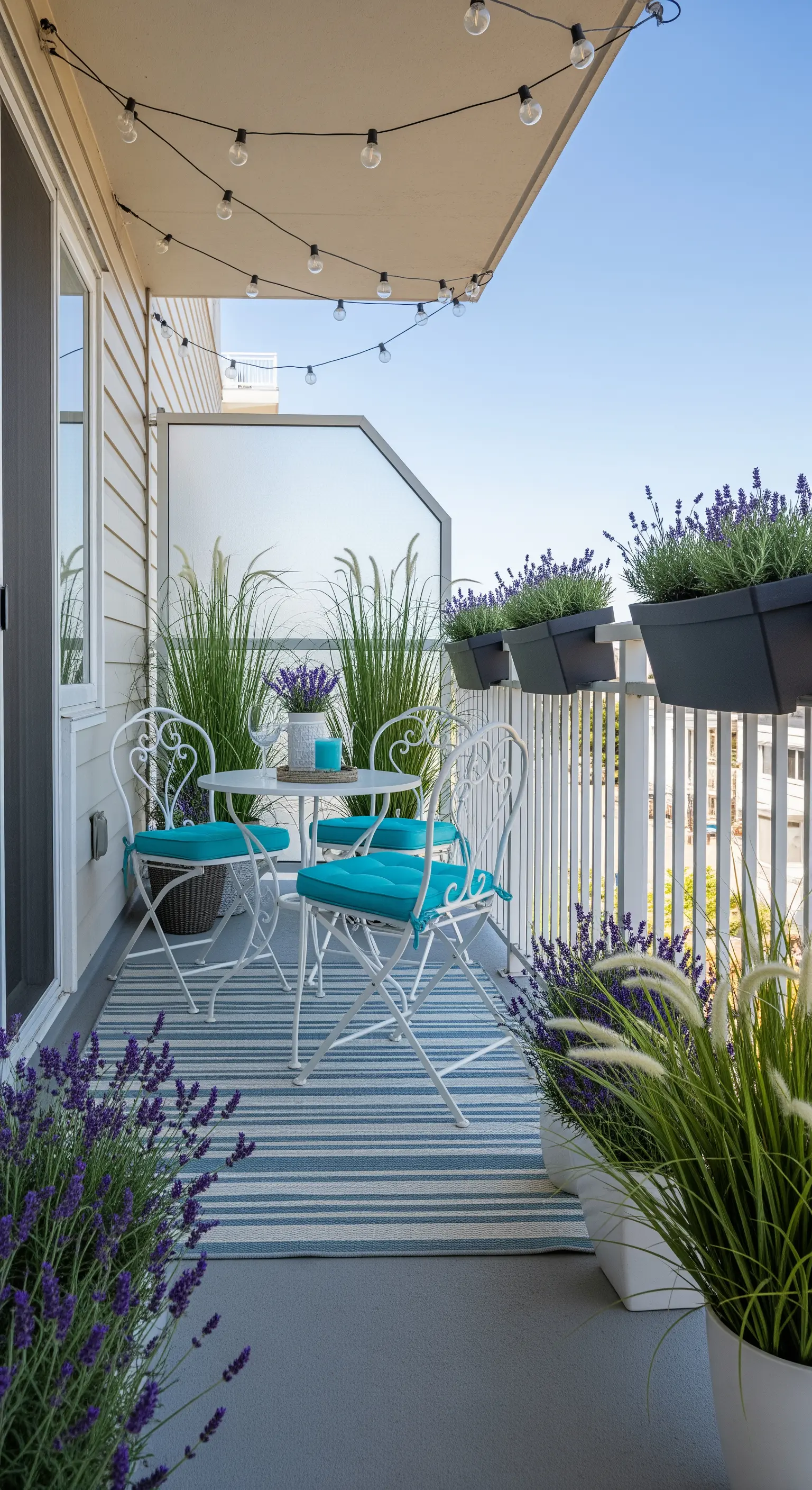 Kleiner Balkon mit Lavendelkästen und Lichterkette