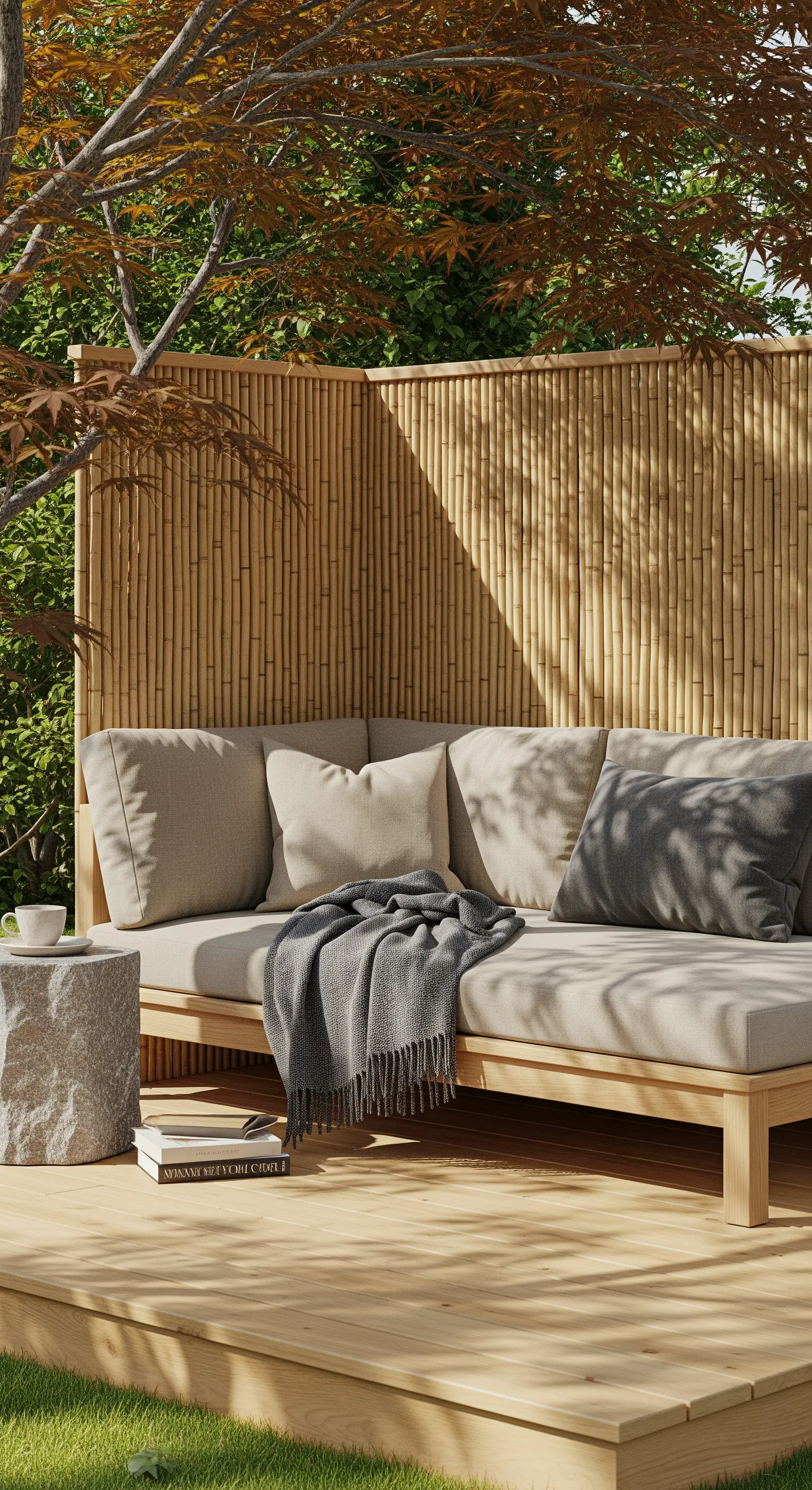 Japandi Sitzecke mit Bambuswand und hellem Holzsofa