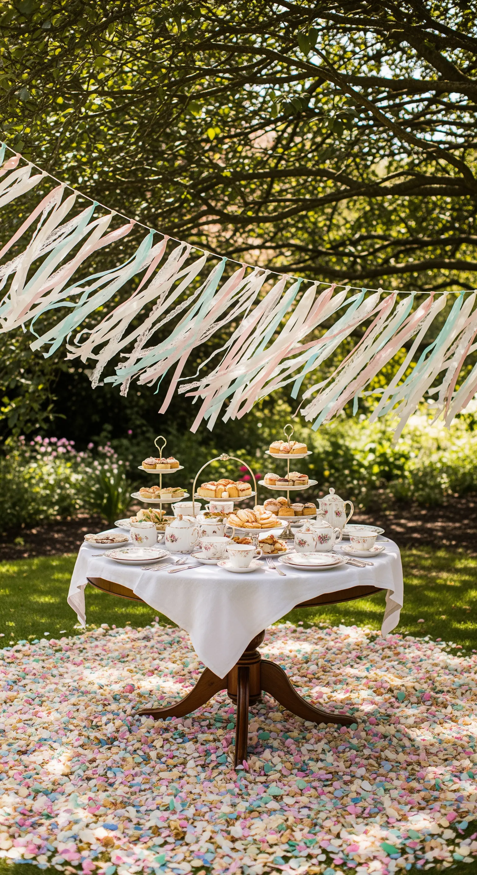 Girlande aus herabhängenden Bändern in Pastellfarben über dem Tisch