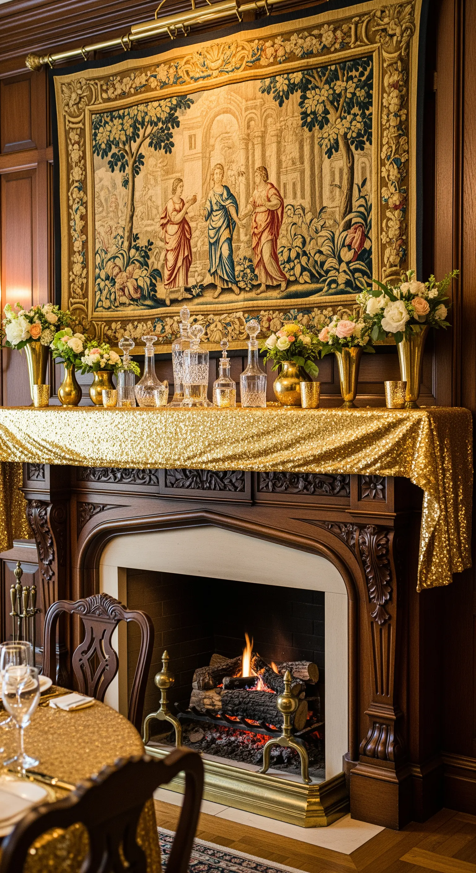 Kamin mit goldener Pailletten-Tischdecke, Blumenvasen und einem antiken Wandteppich.