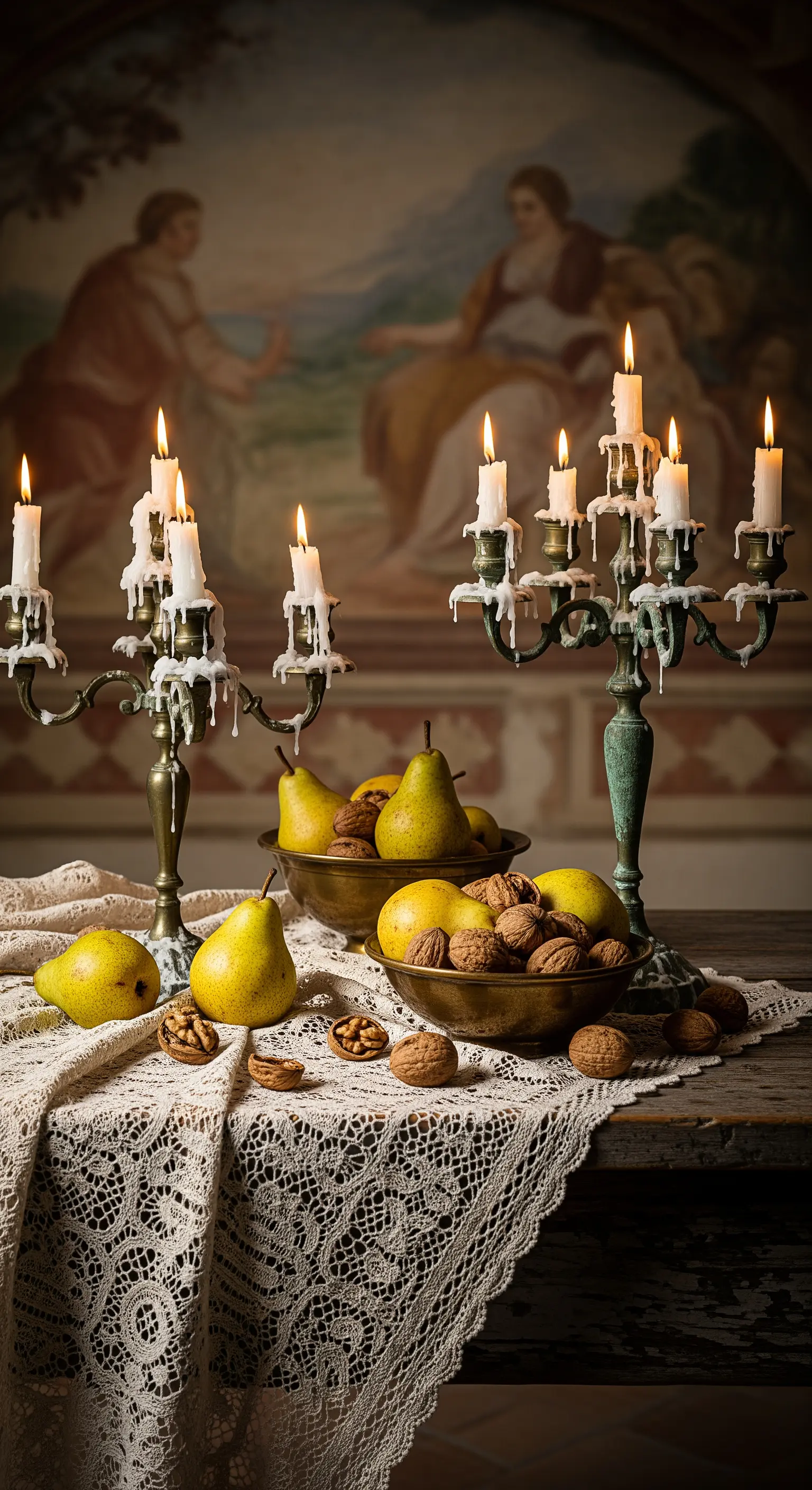 Arrangement aus alten Kerzenleuchtern, Birnen und Nüssen auf Spitzendecke