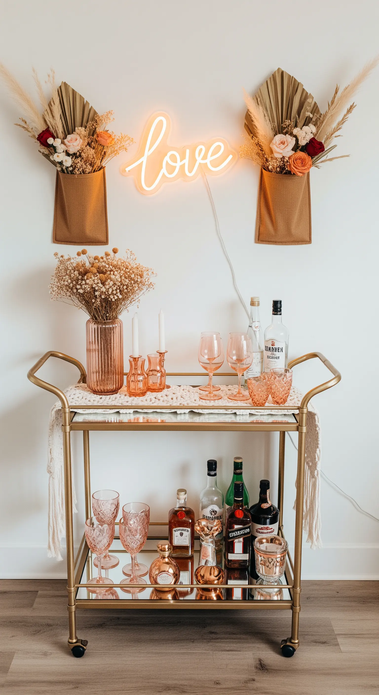 Goldener Barwagen mit Neon-Schriftzug und Trockenblumen an der Wand