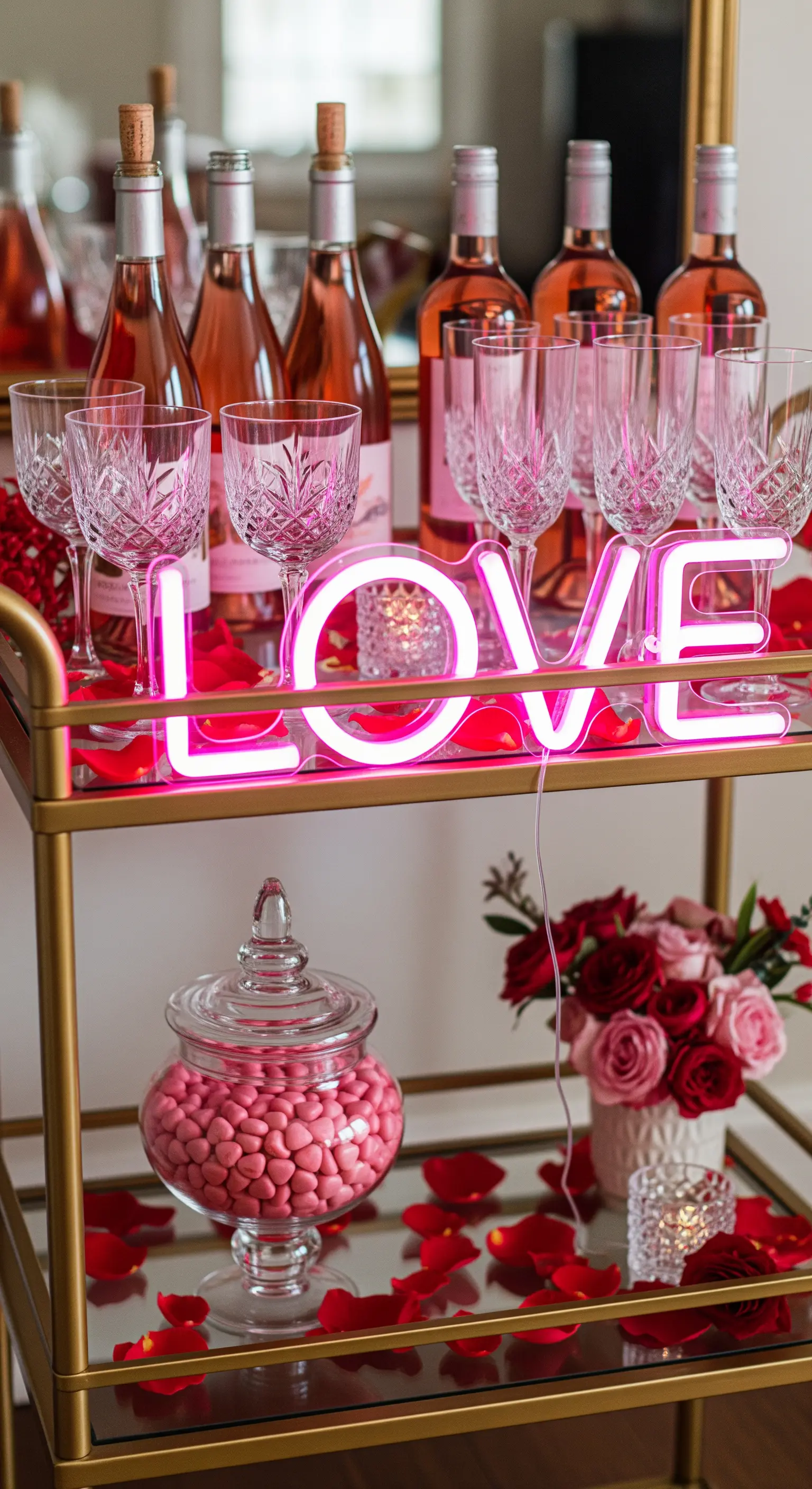 Goldener Barwagen mit Neon-Schriftzug, Gläsern und Rosenblättern