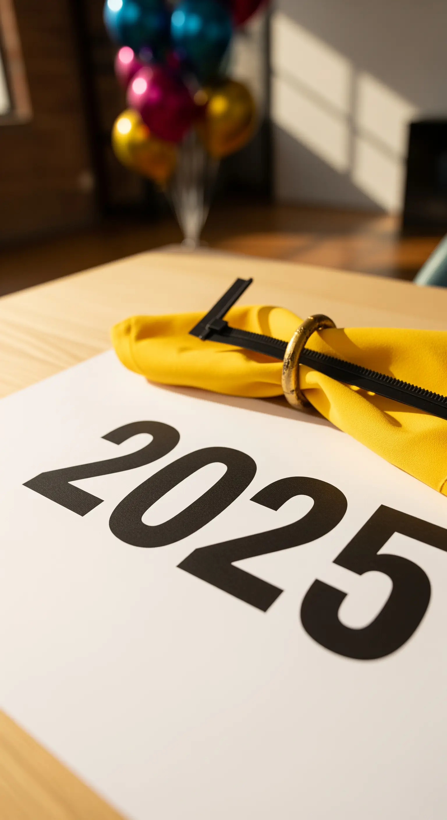 Gelbe Serviette mit Kabelbinder und Jahreszahl 2025