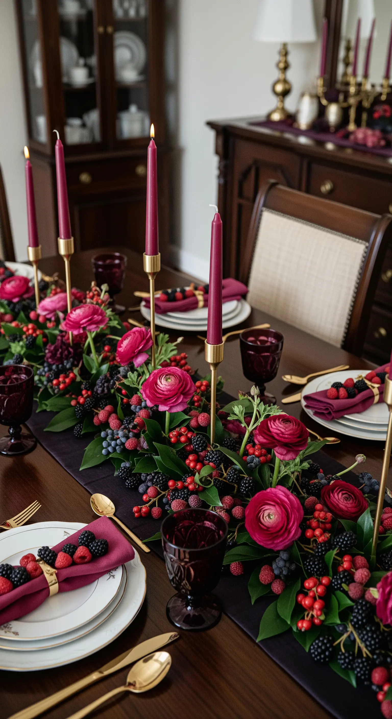 Dunkel gedeckter Tisch mit Kerzen in Bordeaux, Rosen und echten Beeren im Gesteck