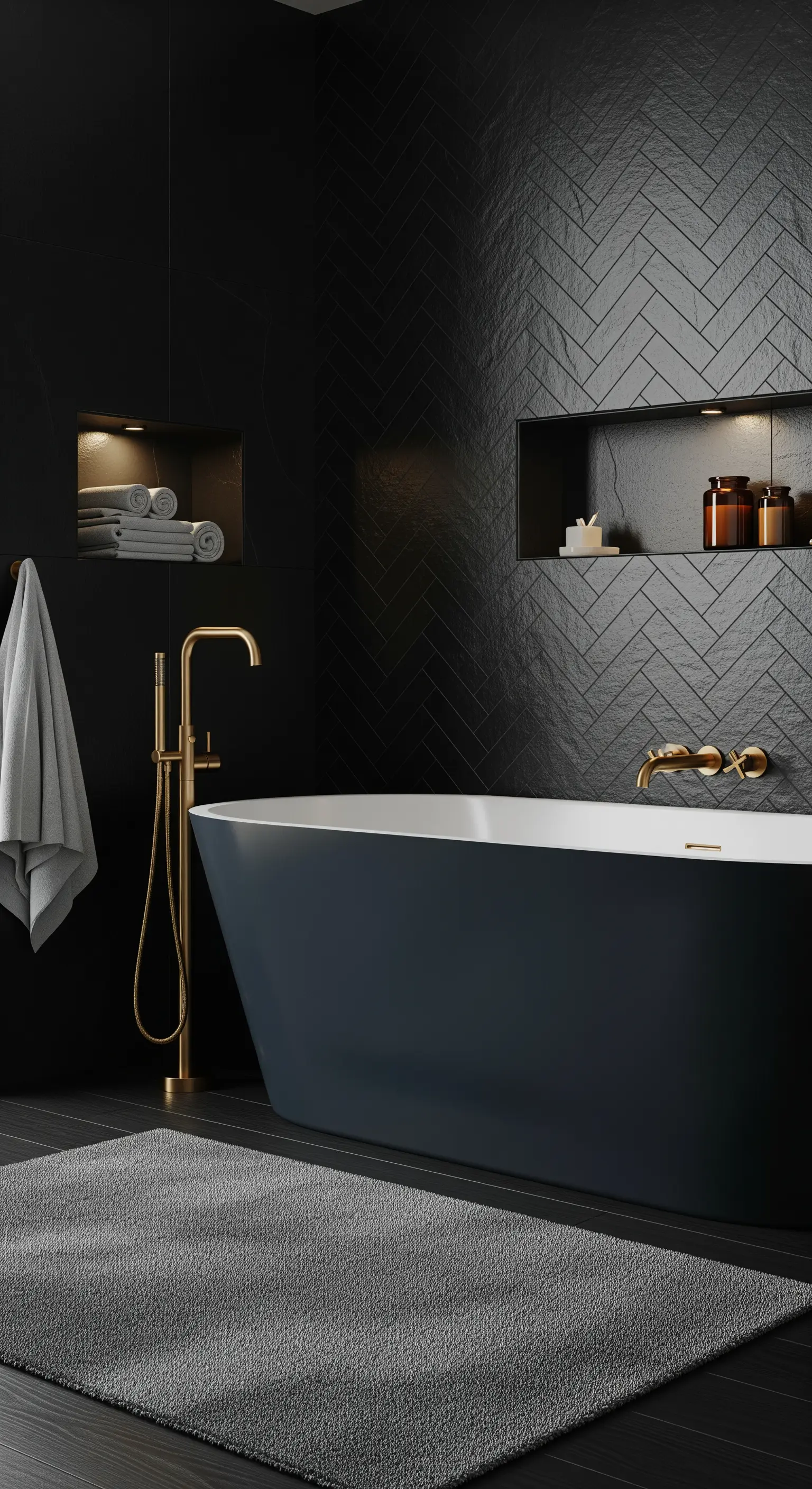 Beleuchtete Wandnische in schwarzer Fliesenwand