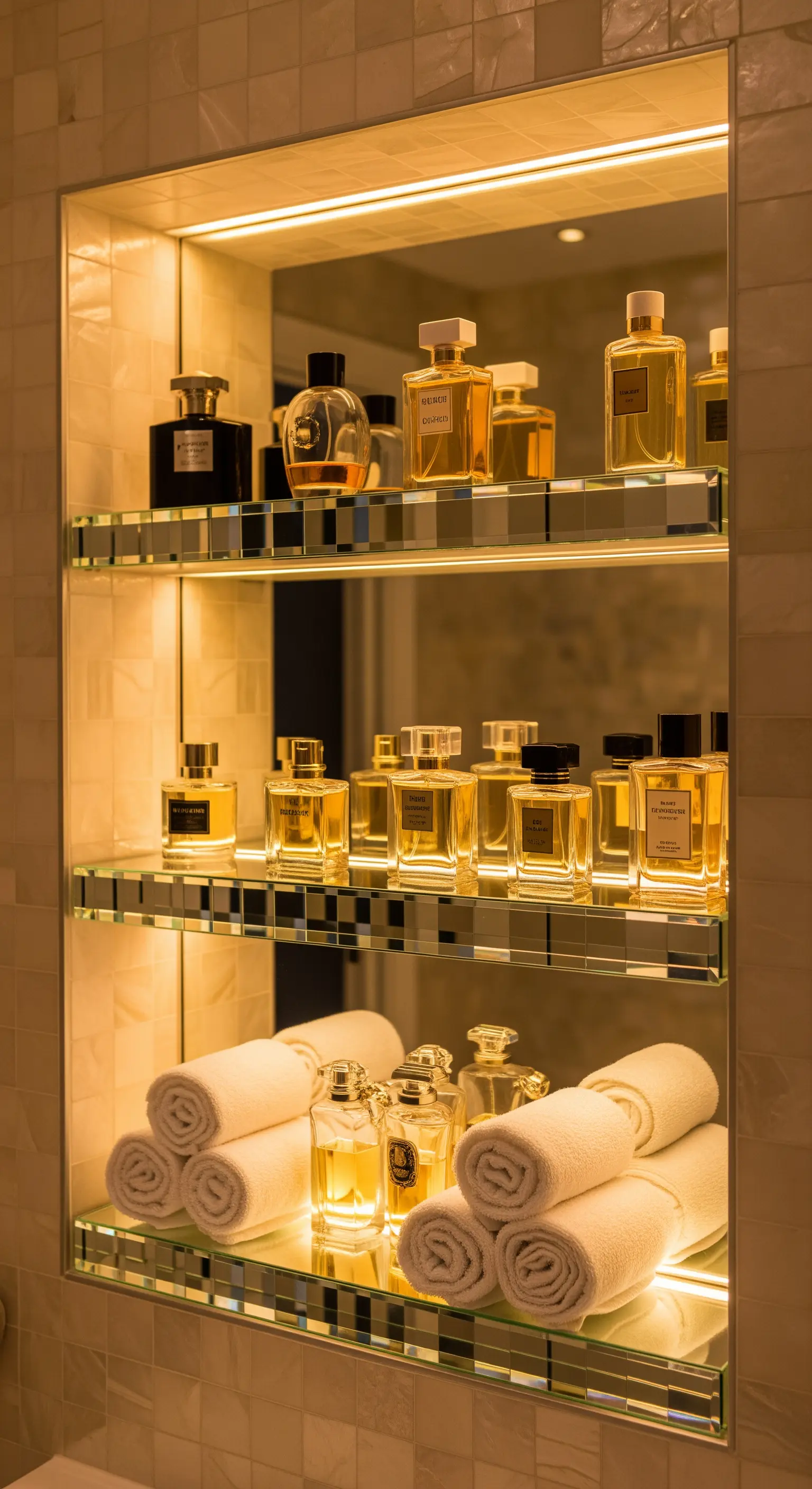 Beleuchtetes Wandregal mit Spiegelrückwand voller Parfümflaschen und Handtücher