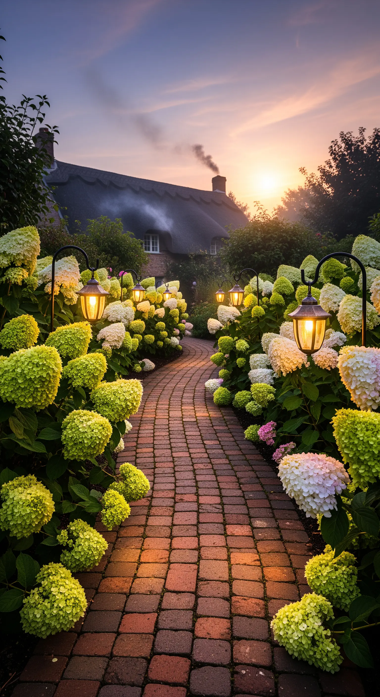 Gartenweg bei Dämmerung mit Laternen und Hortensien