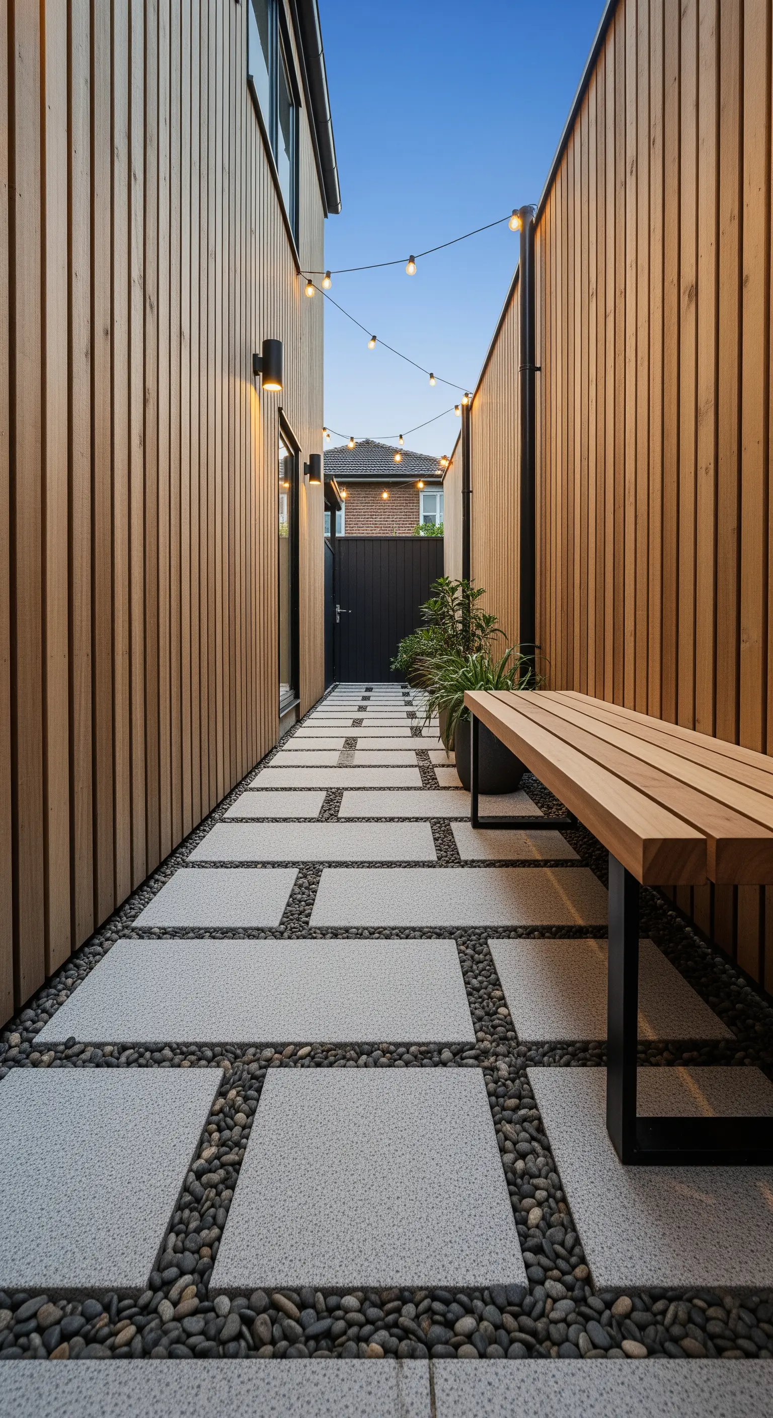 Schmaler Gartenweg mit Lichterkette und Holzbank