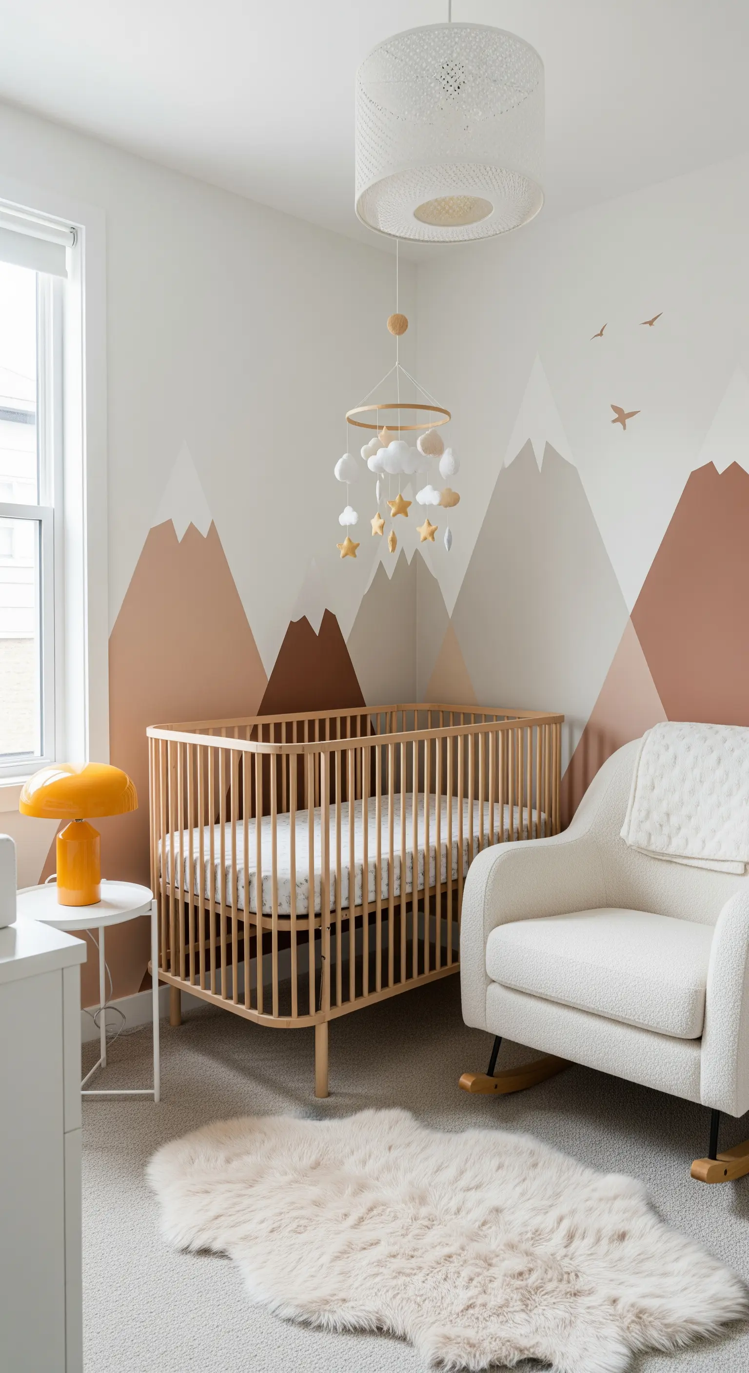 Babyzimmer mit Berg-Wandmalerei und hellem Holzgitterbett