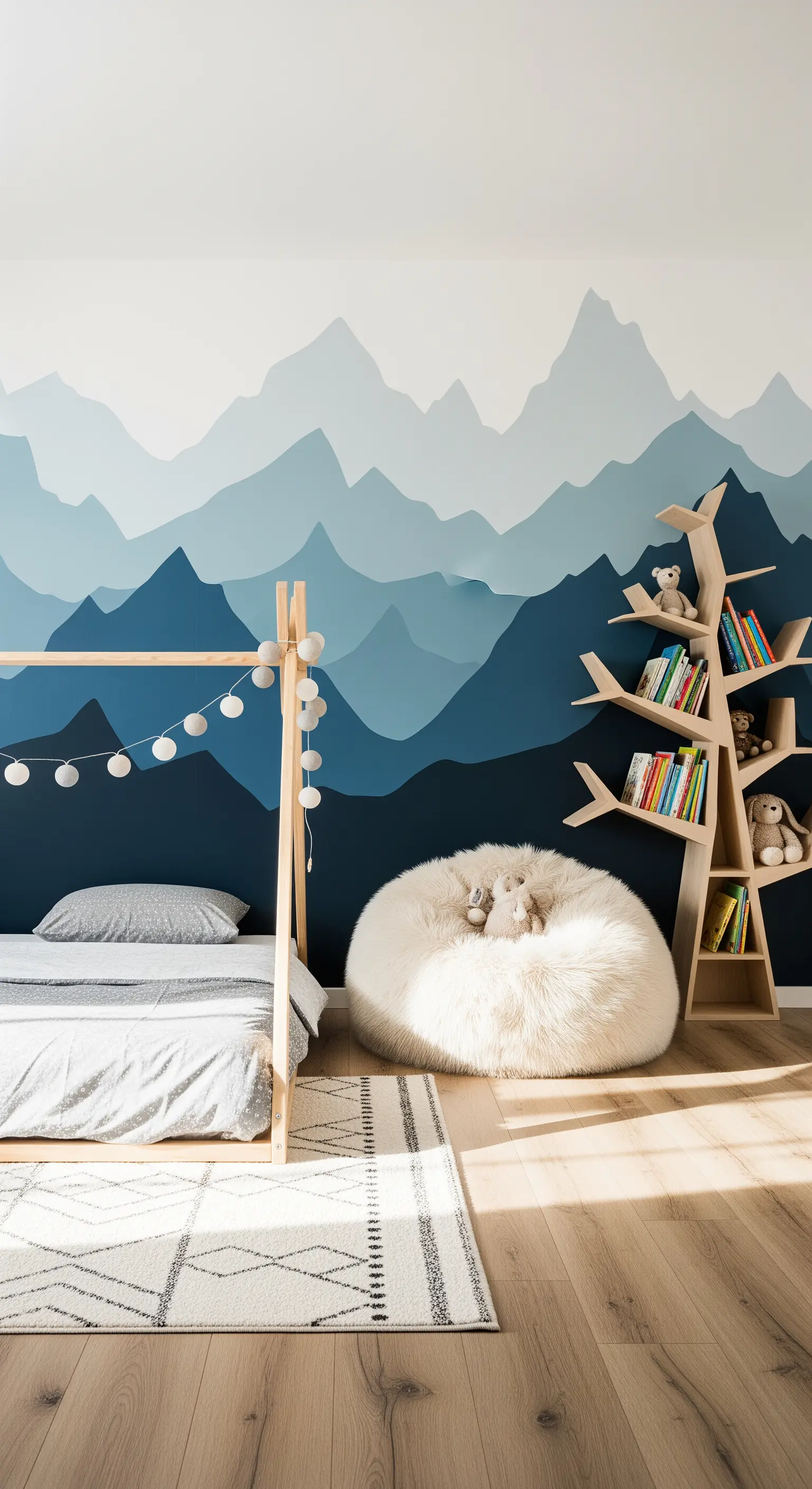 Wandgemälde mit blauen Bergen und baumförmigem Bücherregal
