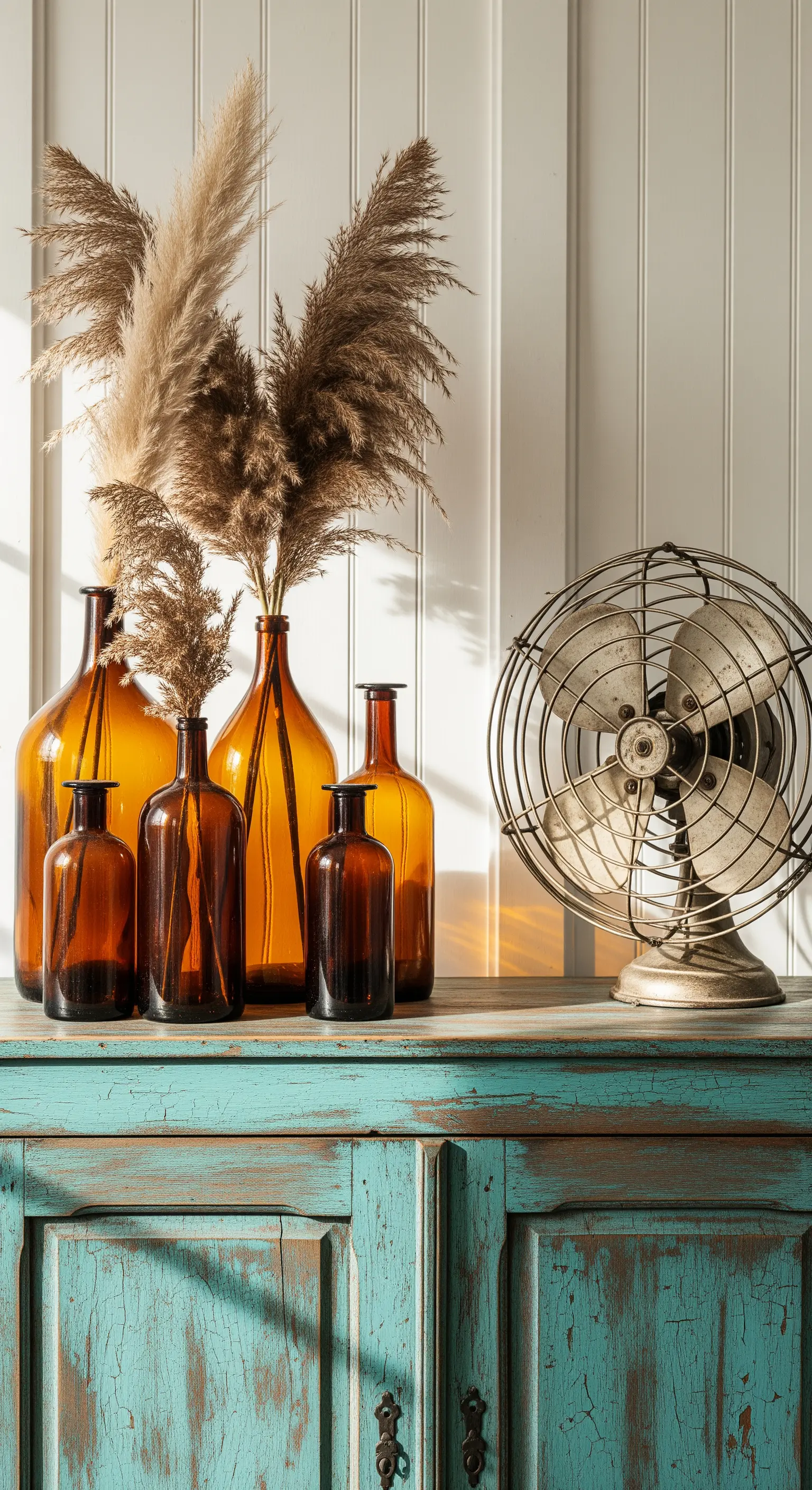 Braunglas-Flaschen und Vintage-Ventilator auf türkiser Kommode