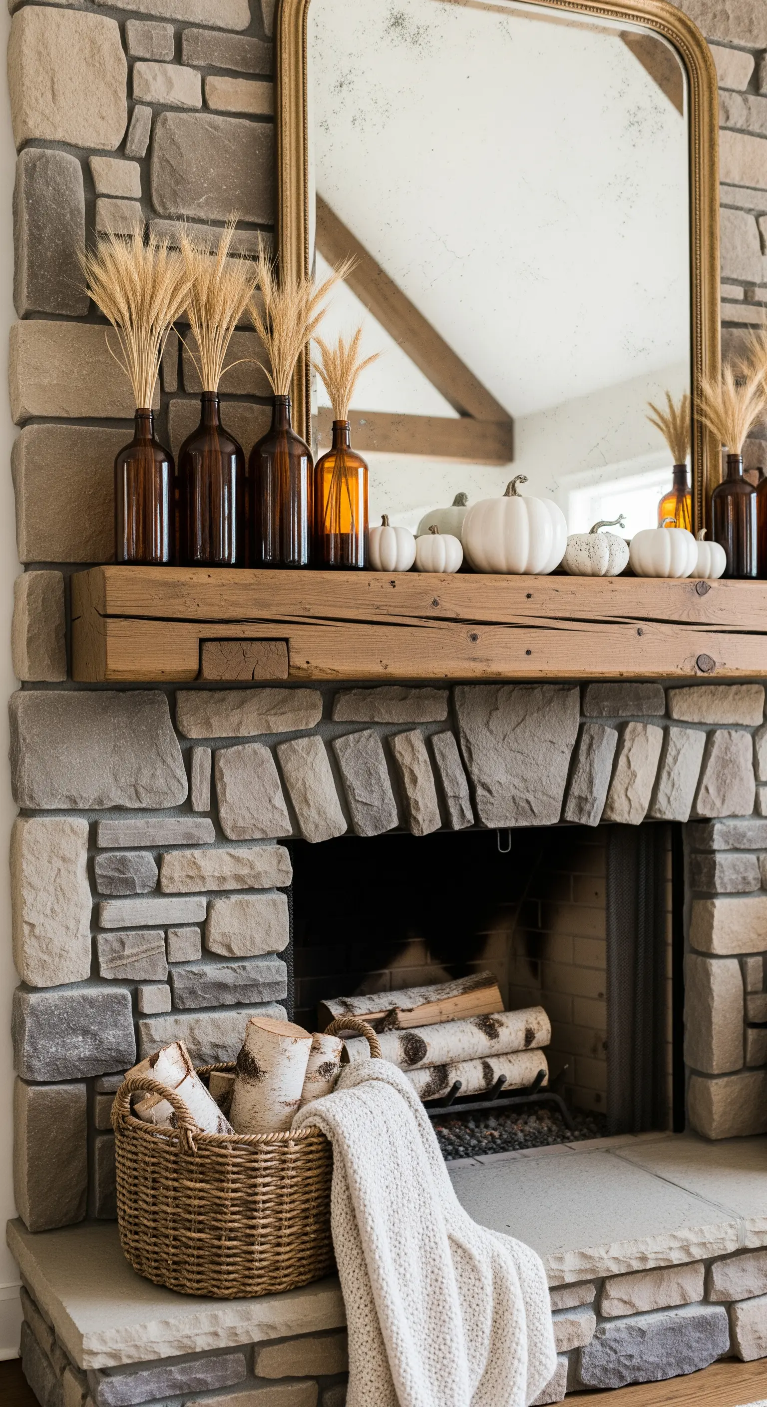 Braune Glasflaschen mit Weizen auf Holzbalken-Kaminsims