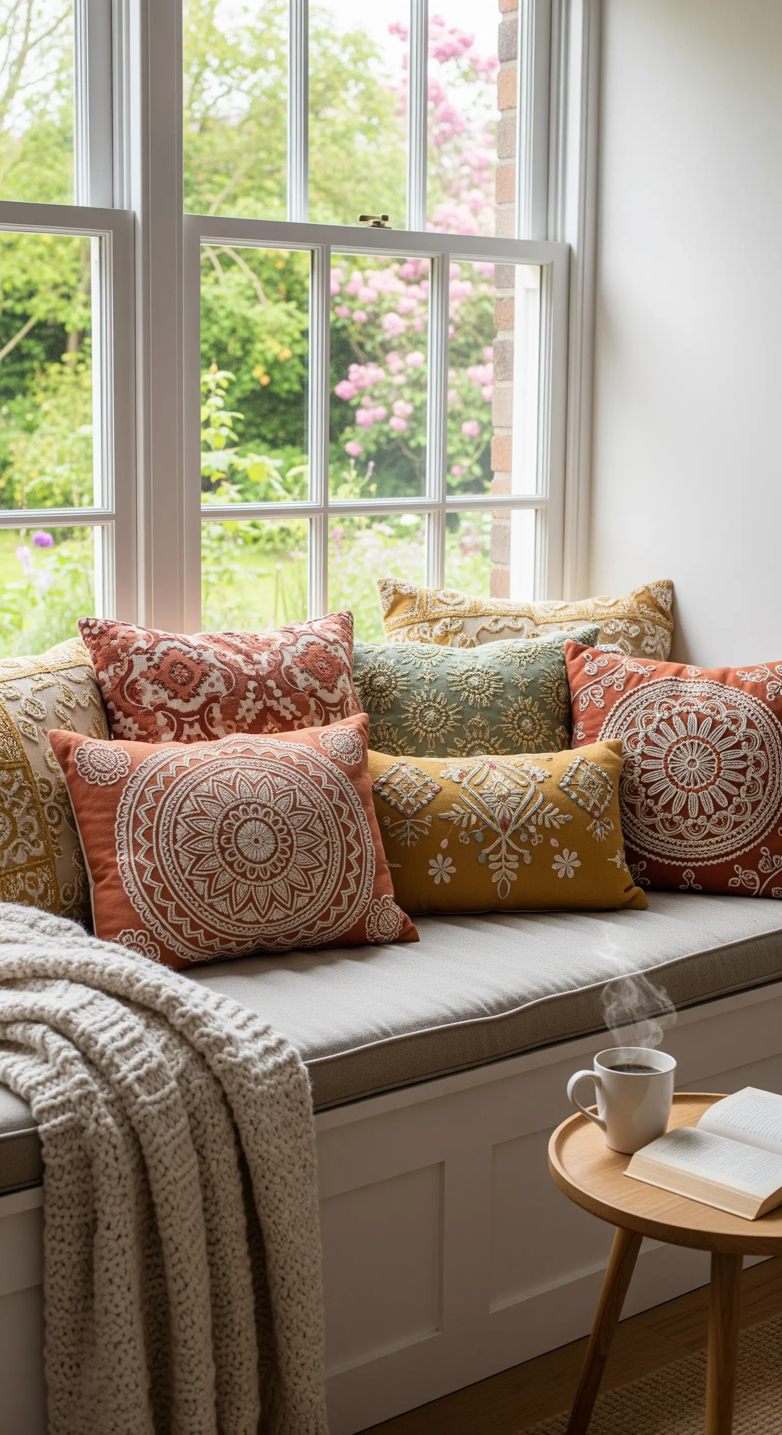 Fensterbank mit vielen bestickten Boho-Kissen und Kaffeetasse