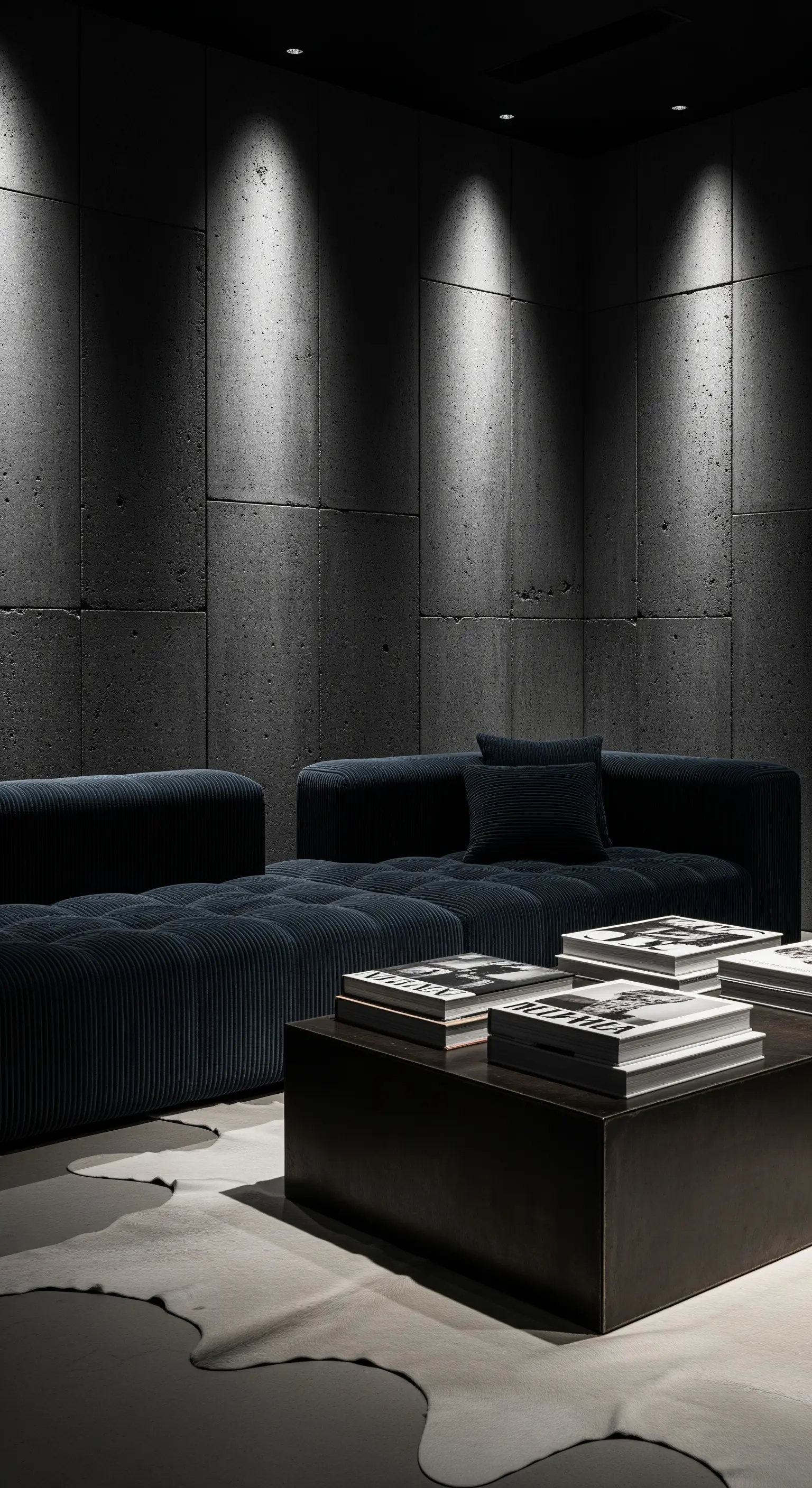 Wohnzimmer mit Betonwänden und dunkelblauem Cordsofa