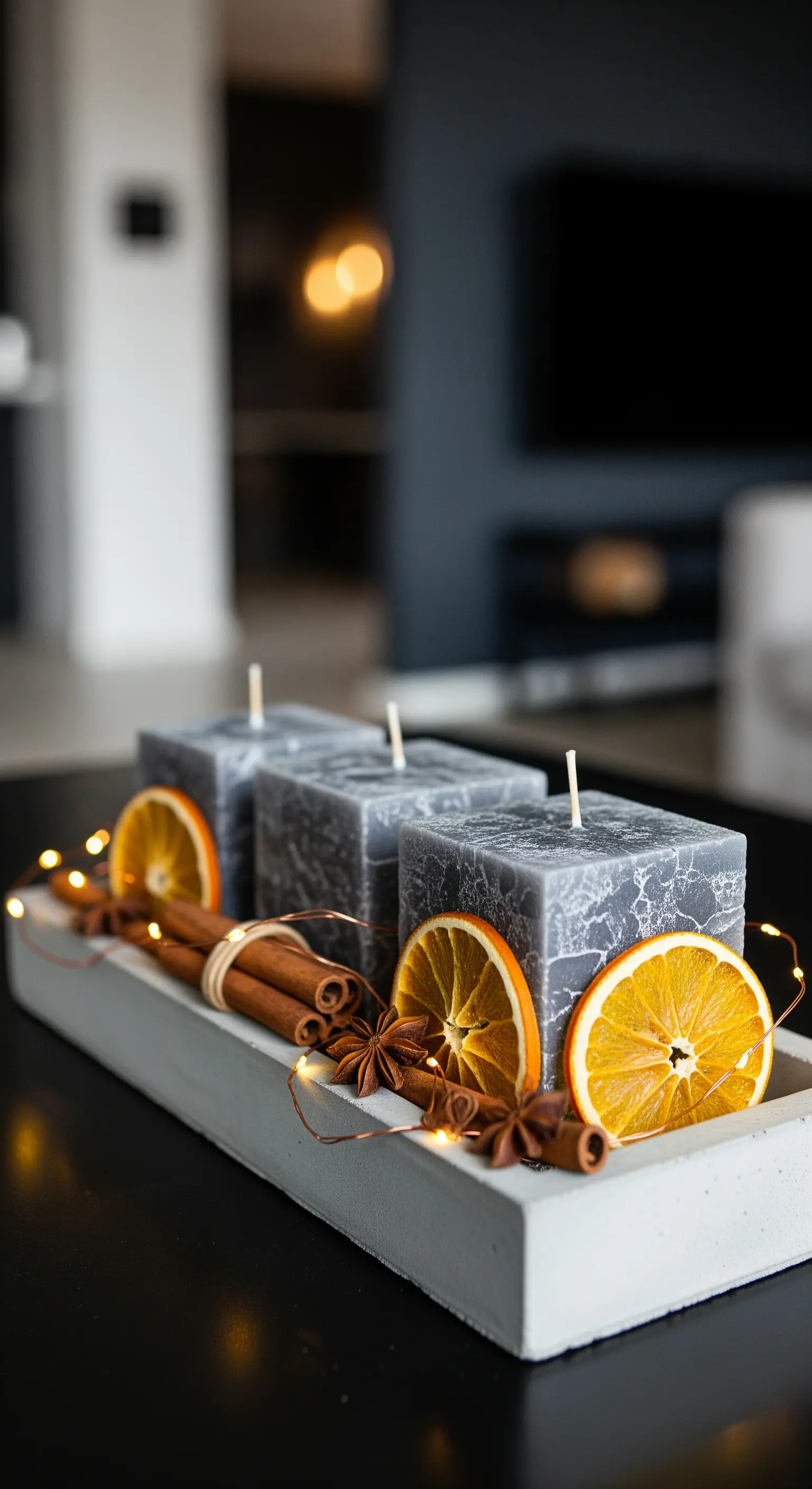 Rechteckiges Betontablett mit grauen Kerzen, getrockneten Orangen und Zimtstangen