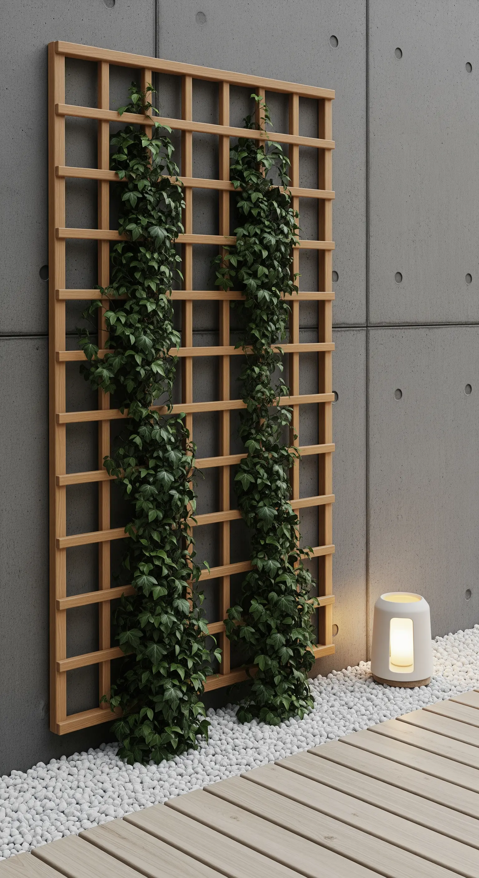 Holzspalier mit Kletterpflanzen an grauer Betonwand mit Bodenleuchte