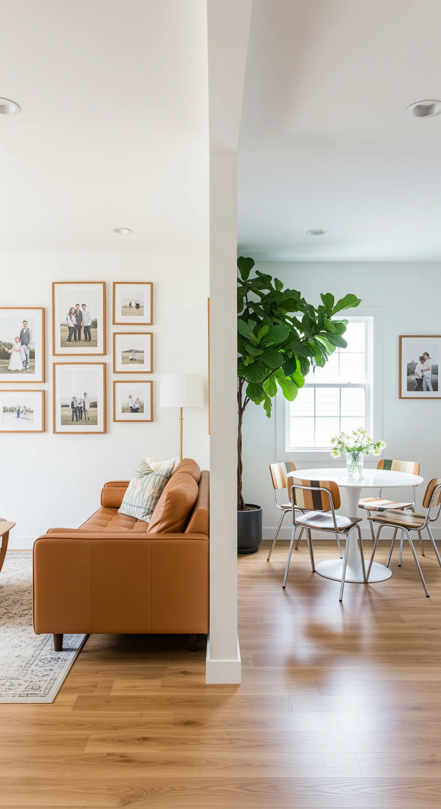 Wohnzimmer mit Ledersofa, großer Pflanze und Bilderrahmen-Wand