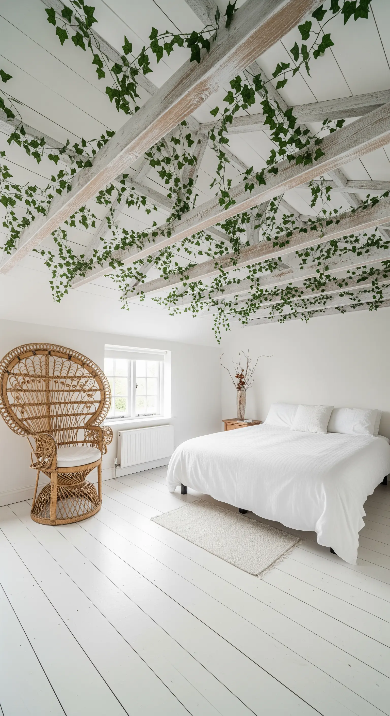 Weißes Schlafzimmer mit Efeu an den Deckenbalken