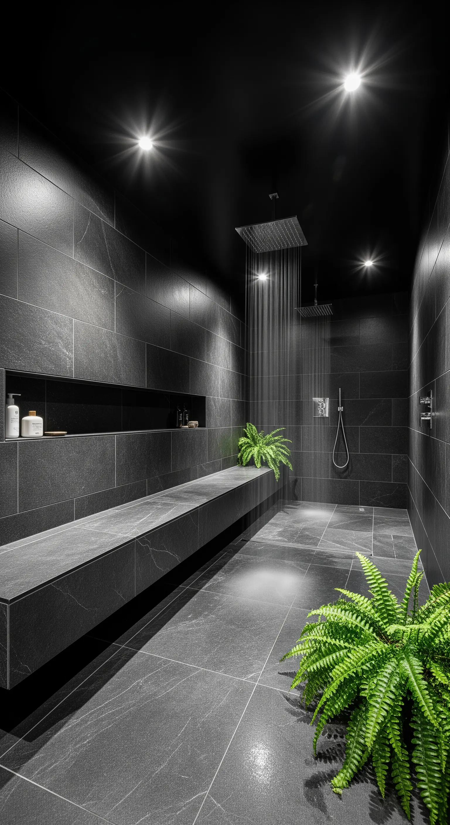 Grüne Farne in schwarzer Regendusche