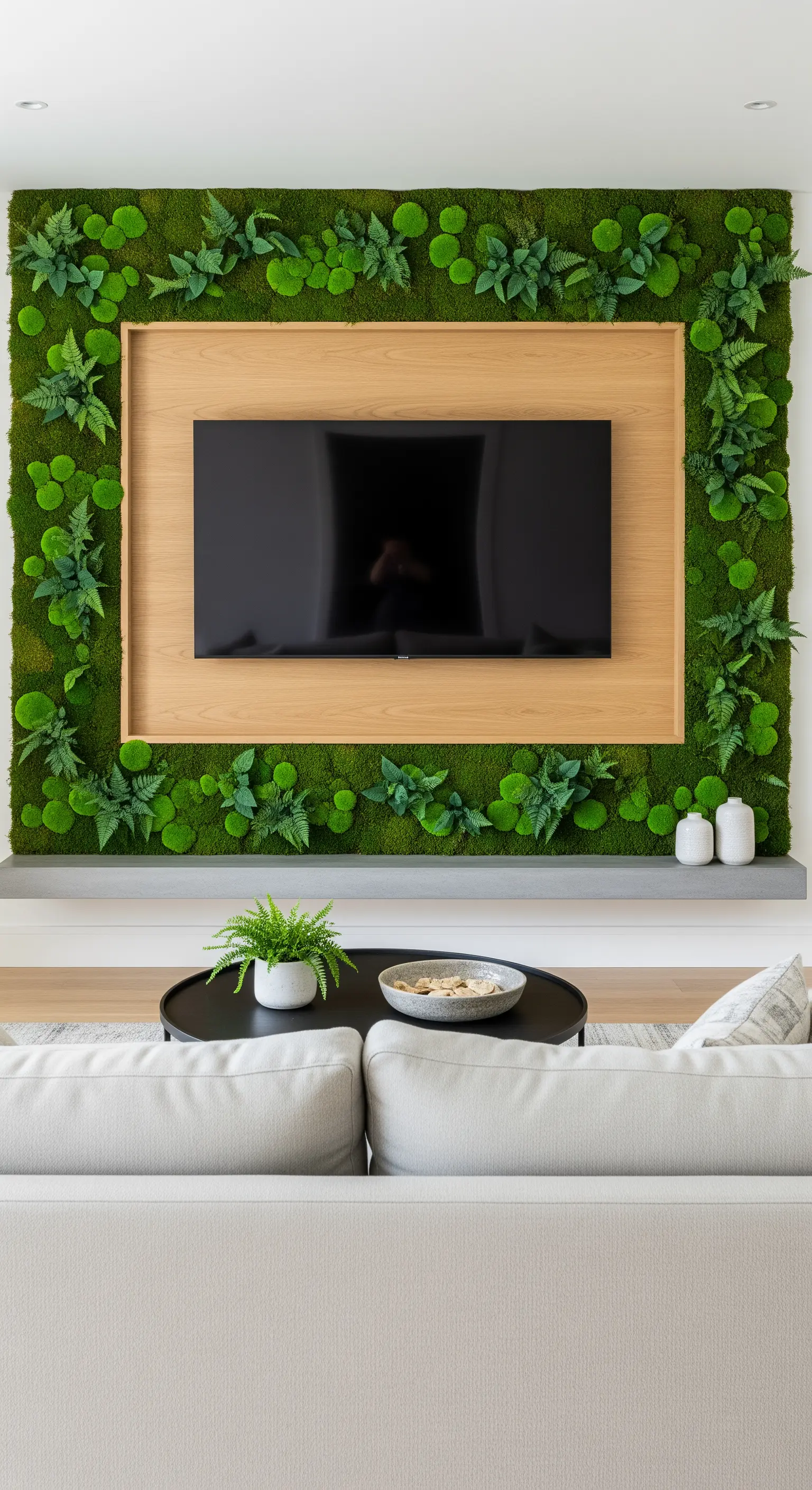 TV-Wand mit Rahmen aus echtem grünen Moos