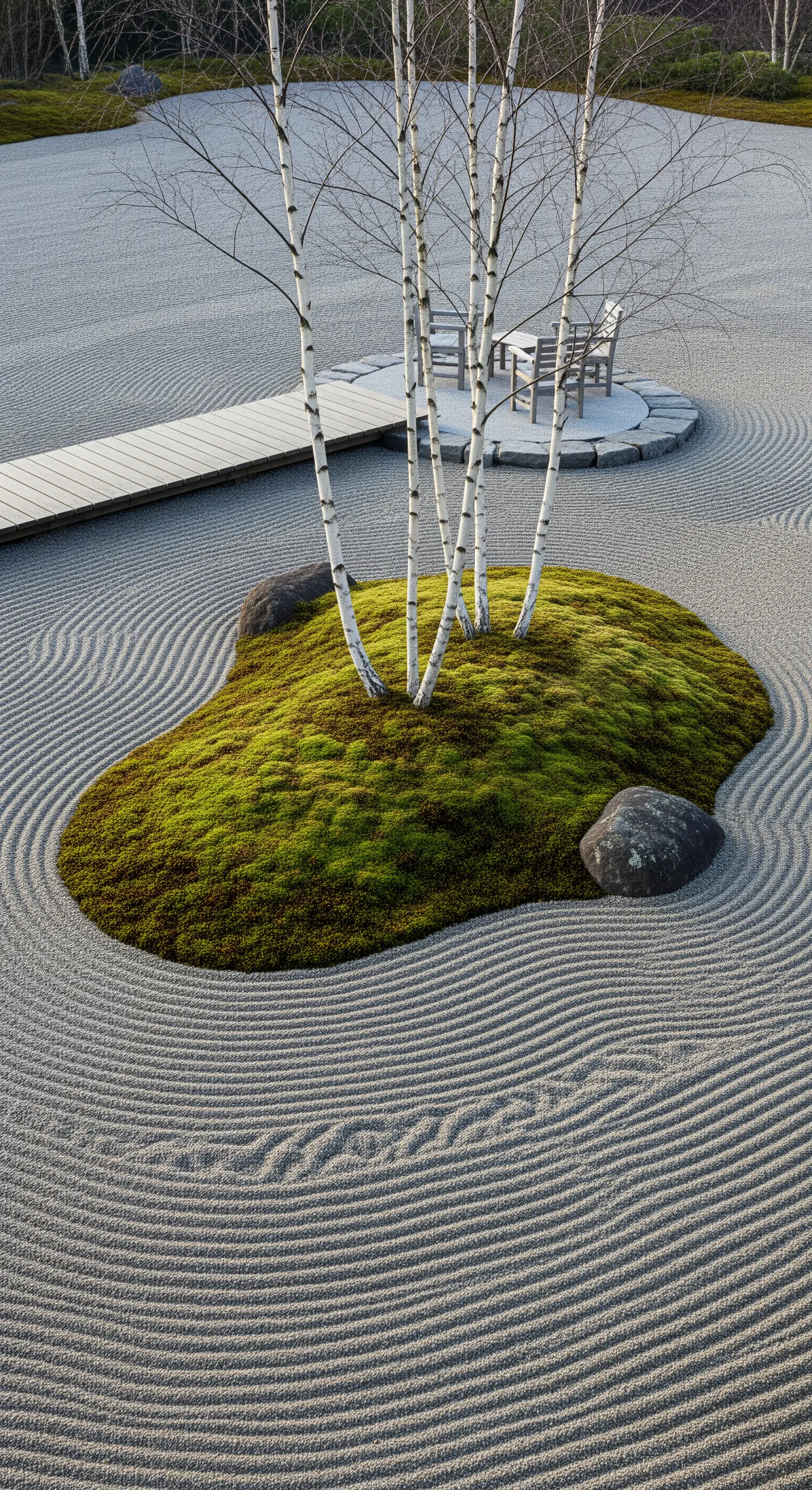 Weiße Birken stehen in einem geharkten Zen-Garten aus Kies