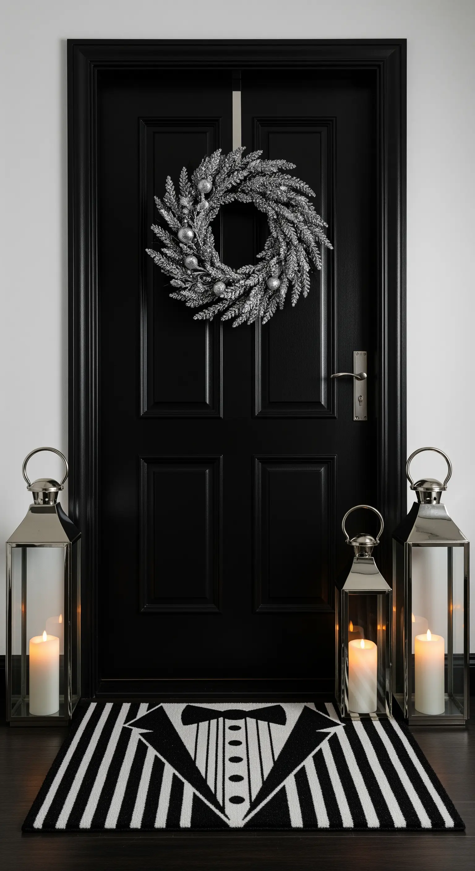 Schwarze Tür mit Silberkranz und Smoking-Fußmatte